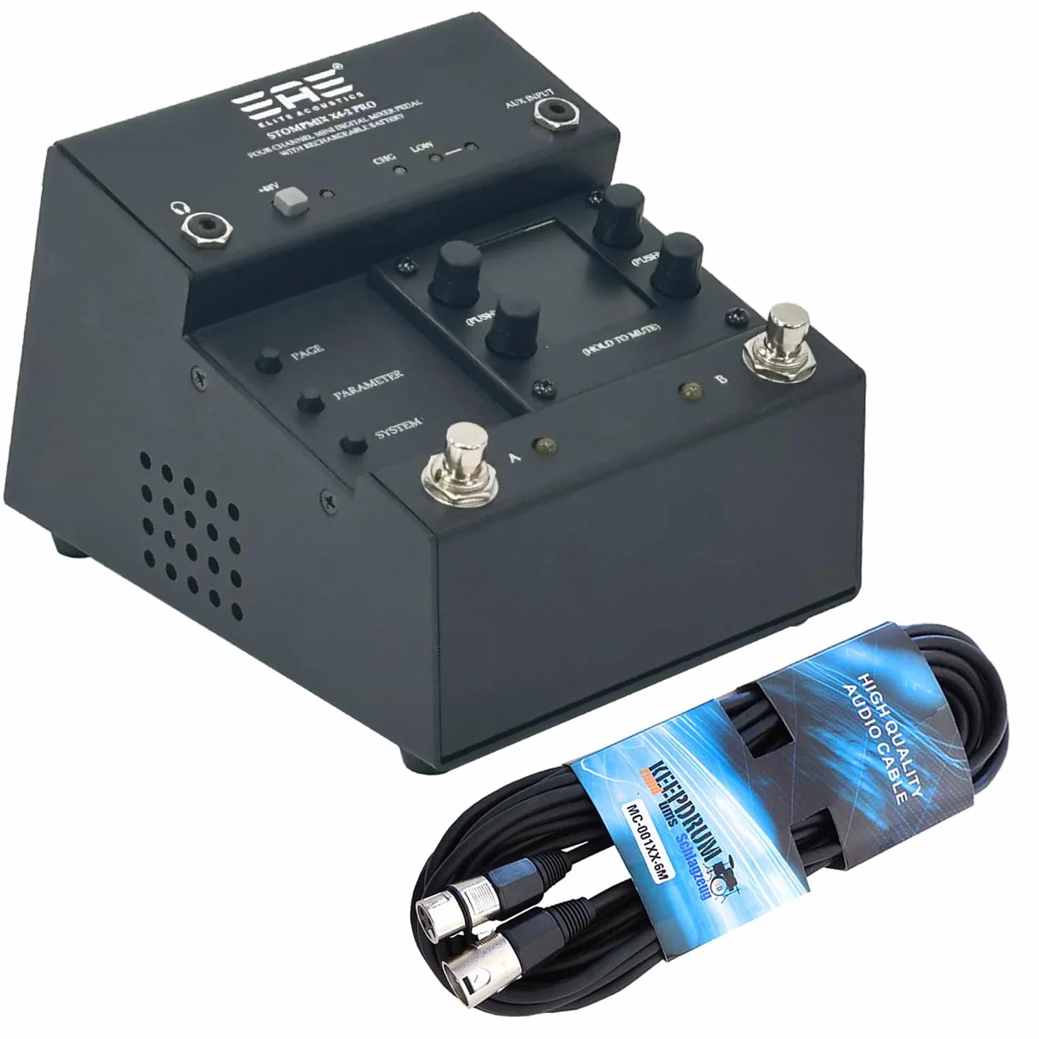 Elite Acoustics StompMix X4-2 PRO mikser cyfrowy z pedałem keepdrum kabel XLR
