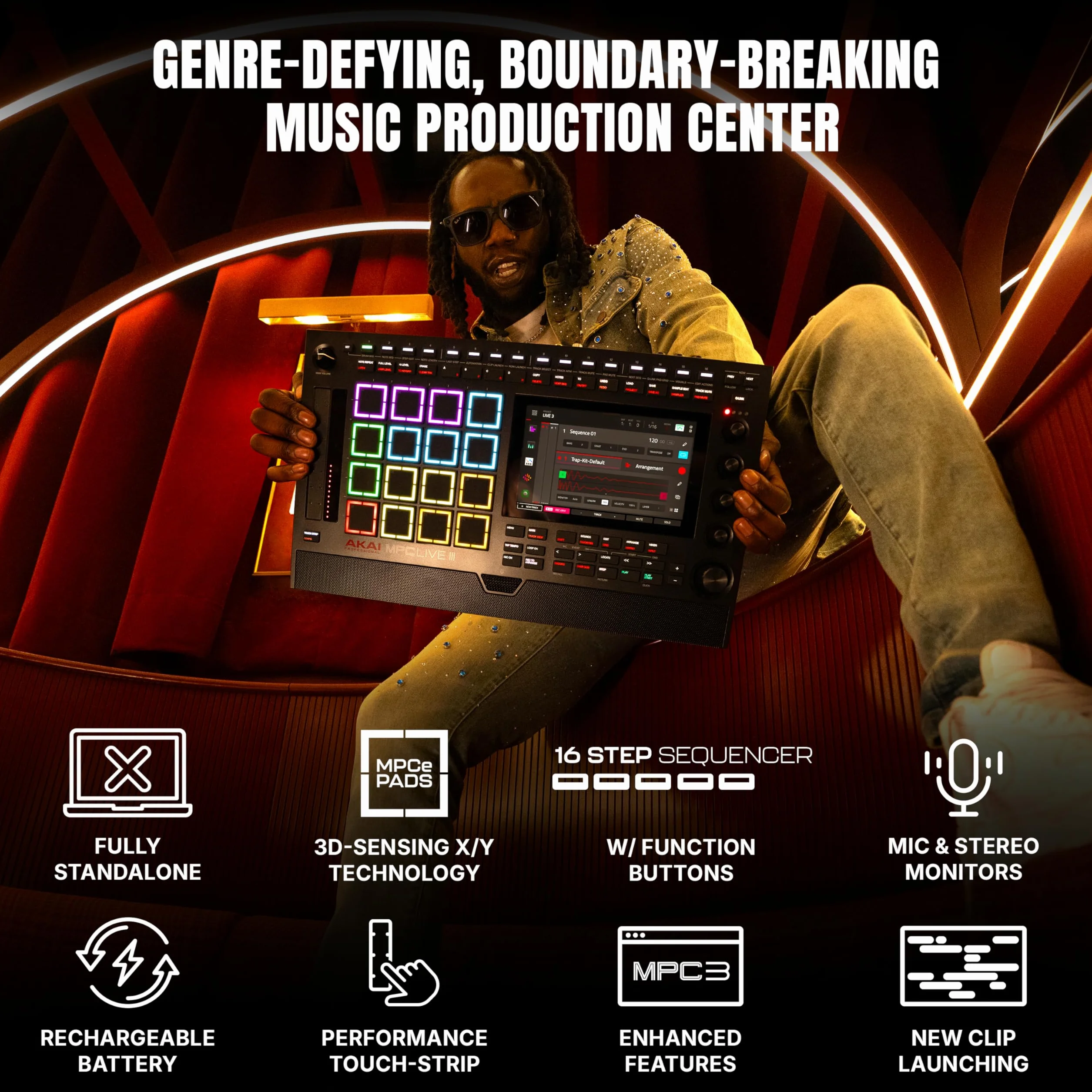 Akai Professional MPC Live III Przenośne centrum produkcji muzycznej z padami MPCe, sekwencerem, ekranem dotykowym, mikrofonem, monitorami, interfejsem audio, Wi-Fi, Bluetooth, baterią, touchstripem