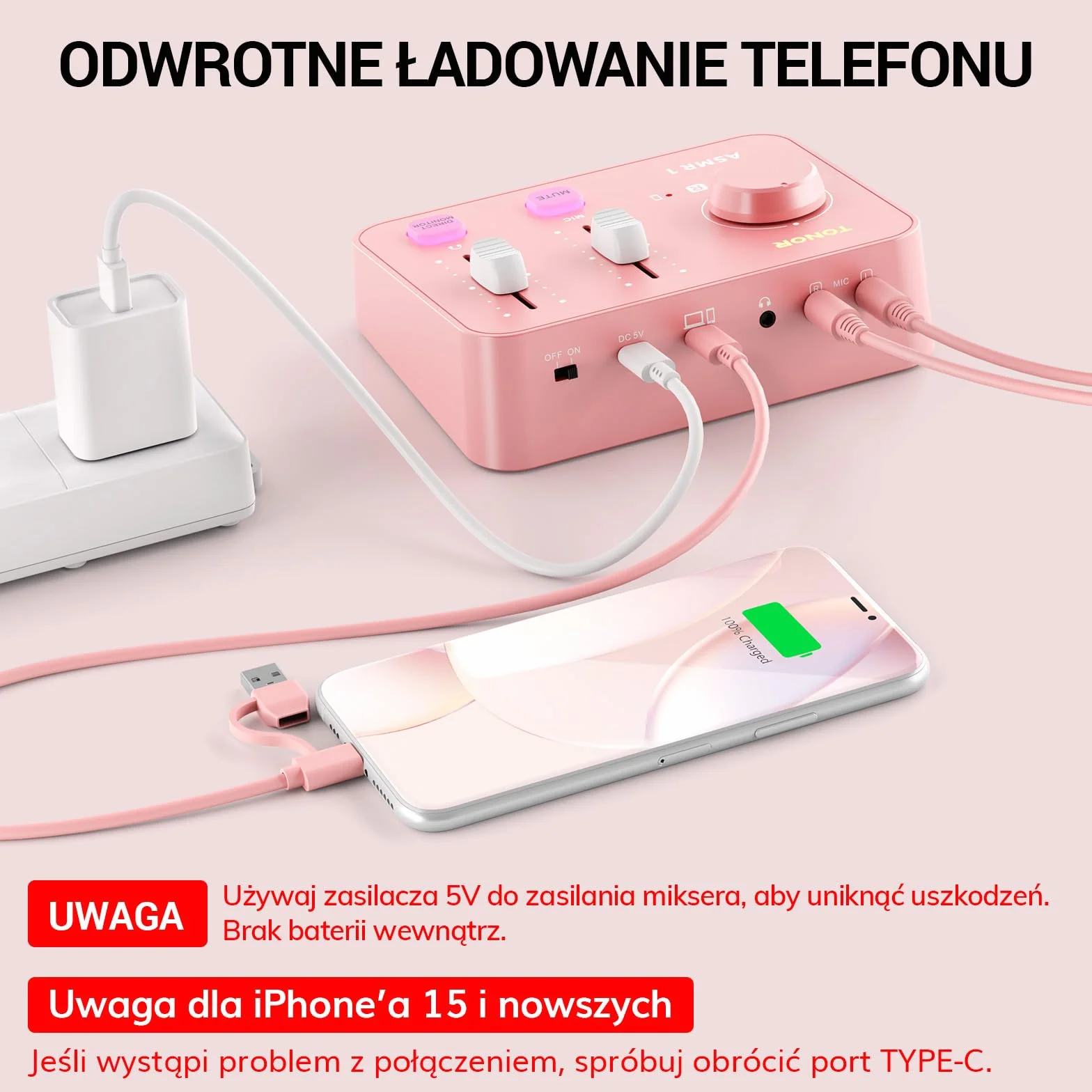 TONOR ASMR z Interfejsem Audio, Mikrofon USB z Podwójnym Kondensatorem, 192kHz, Dźwięk 3D, Czysty Dźwięk, Regulacja Głośności, Mikser, do Nagrywania i Tworzenia Treści – Różowy