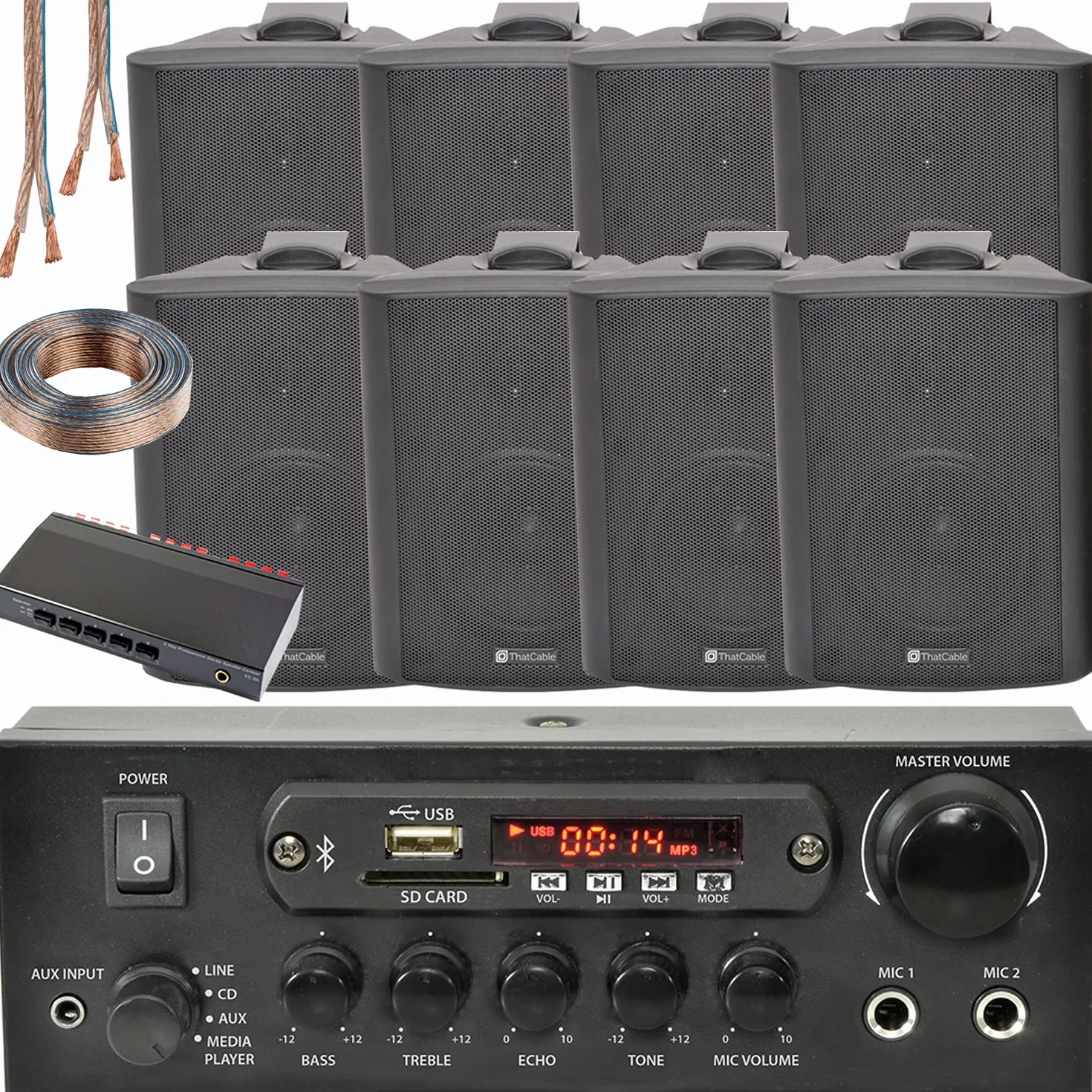 SMART HOME 4-strefowy zestaw BLUETOOTH – 8 x 180 W 10 cm czarny głośnik do montażu na ścianie, wzmacniacz stereo 110 W, kabel rozdzielacz głośników *ECHO ALEXA SPOTIFY* bezprzewodowy system wzmacniacza dźwięku HiFi - bar pub Home Surround