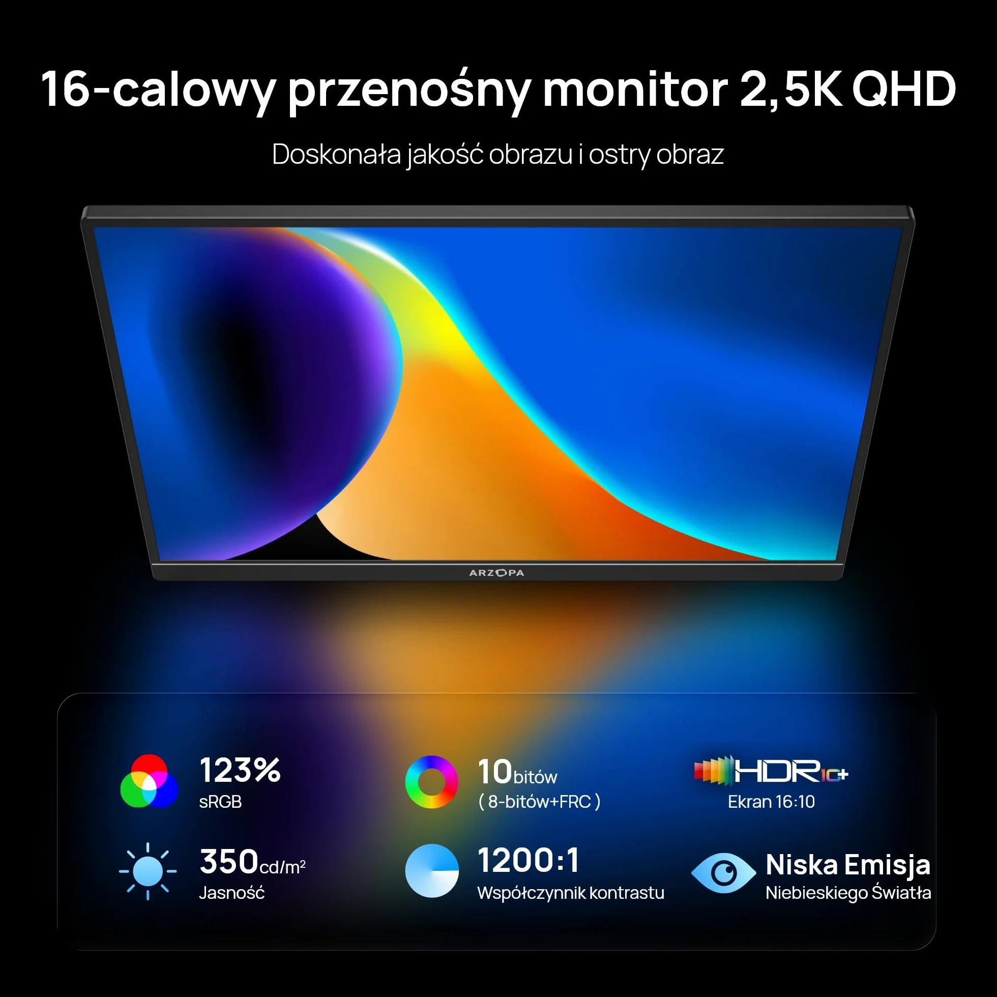 ARZOPA 16" Przenośny Monitor 2.5K | Matryca IPS 123% sRGB 400 Nit | Ekran do Pracy 16:10 do Laptopa, Mac, PC, Telefon | USB-C i HDMI - Z1RC