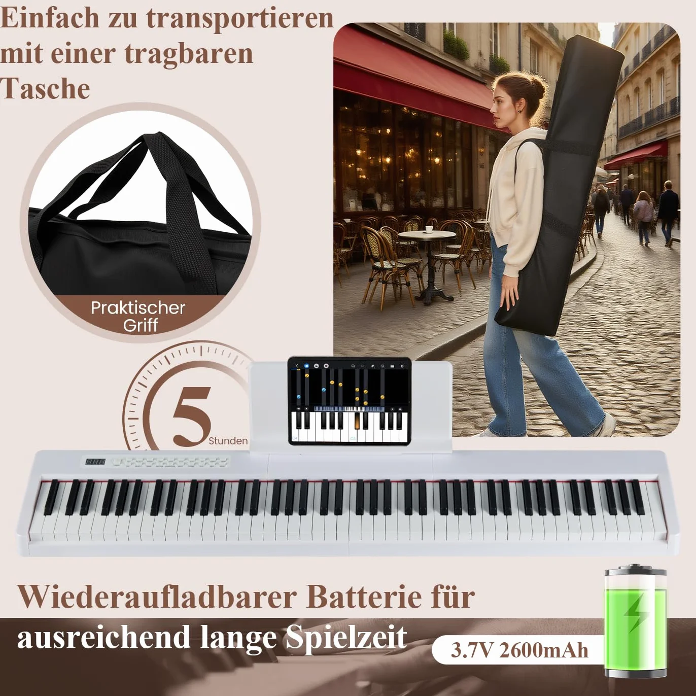COSTWAY Keyboard Piano 88 klawiszy, pianino cyfrowe z MIDI, Sustain, stojak na muzykę i torba, przenośne pianino elektryczne dla początkujących, dzieci, dorosłych (biała)