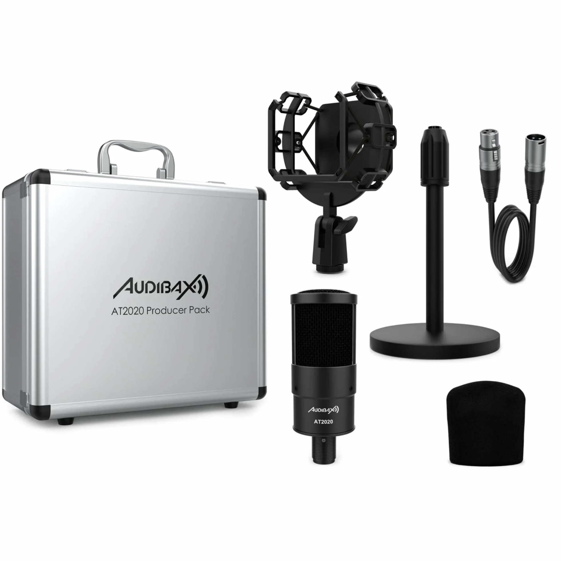 Audibax AT2020 - Mikrofon studyjny - w zestawie kabel XLR, uchwyt na stół i żyrandol, wiatrówka i walizka - Pasmo przenoszenia 50 Hz/20 KHz - Kardioidalny mikrofon z biegunowym wzorem