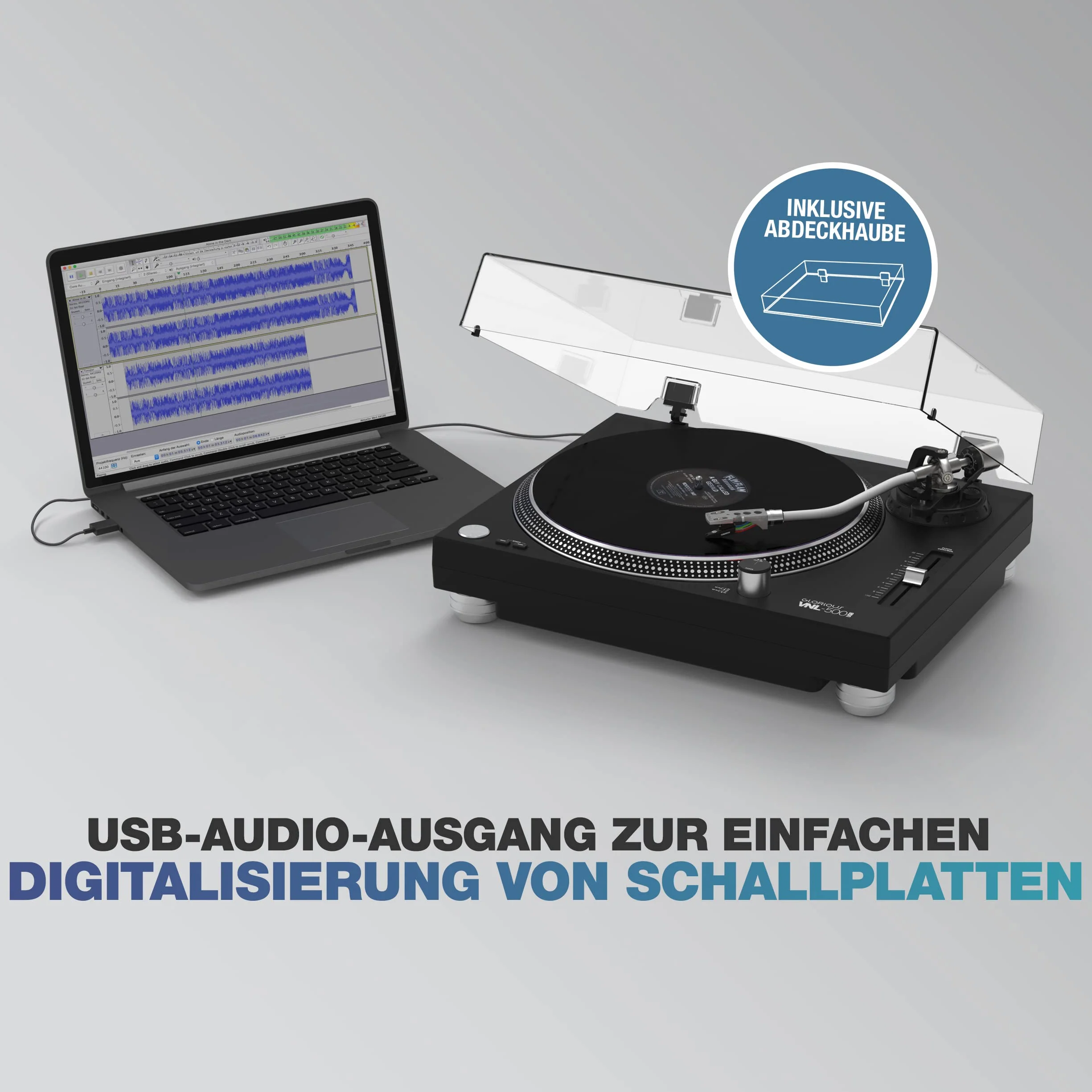 Glorious Gramofon z napędem bezpośrednim VNL-500 do DJ-a lub Hifi z wyjściem USB do nagrywania cyfrowego, wybór prędkości 33/45, regulowany zakres nachylenia, obudowa głowy, wkład i osłona