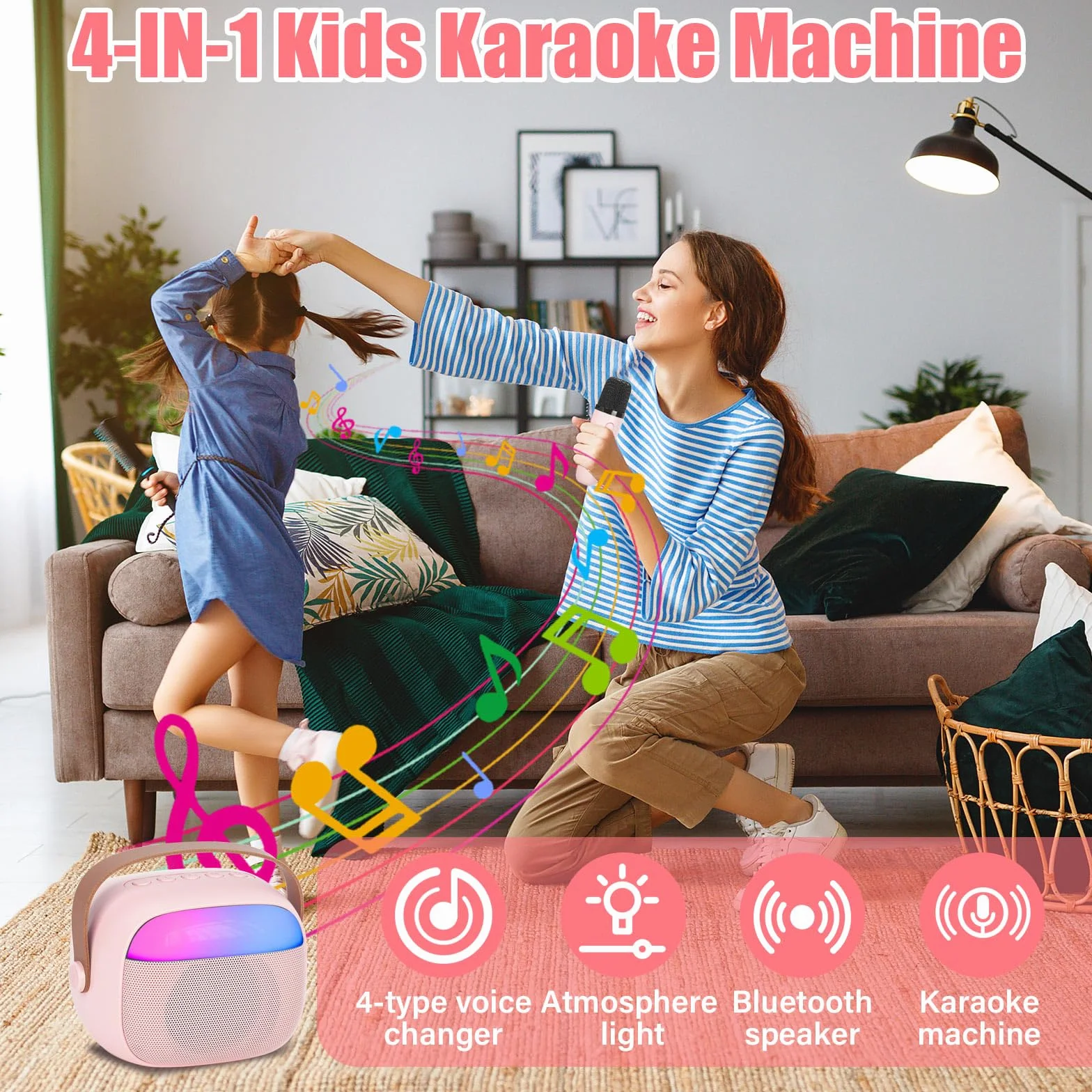 Karaoke dla dzieci i dorosłych z 2 mikrofonami bezprzewodowymi Bluetooth, przenośna maszyna do karaoke ze światłem LED i efektami zmiany głosu, prezenty dla dzieci w wieku od 3 do 18 lat, chłopców i
