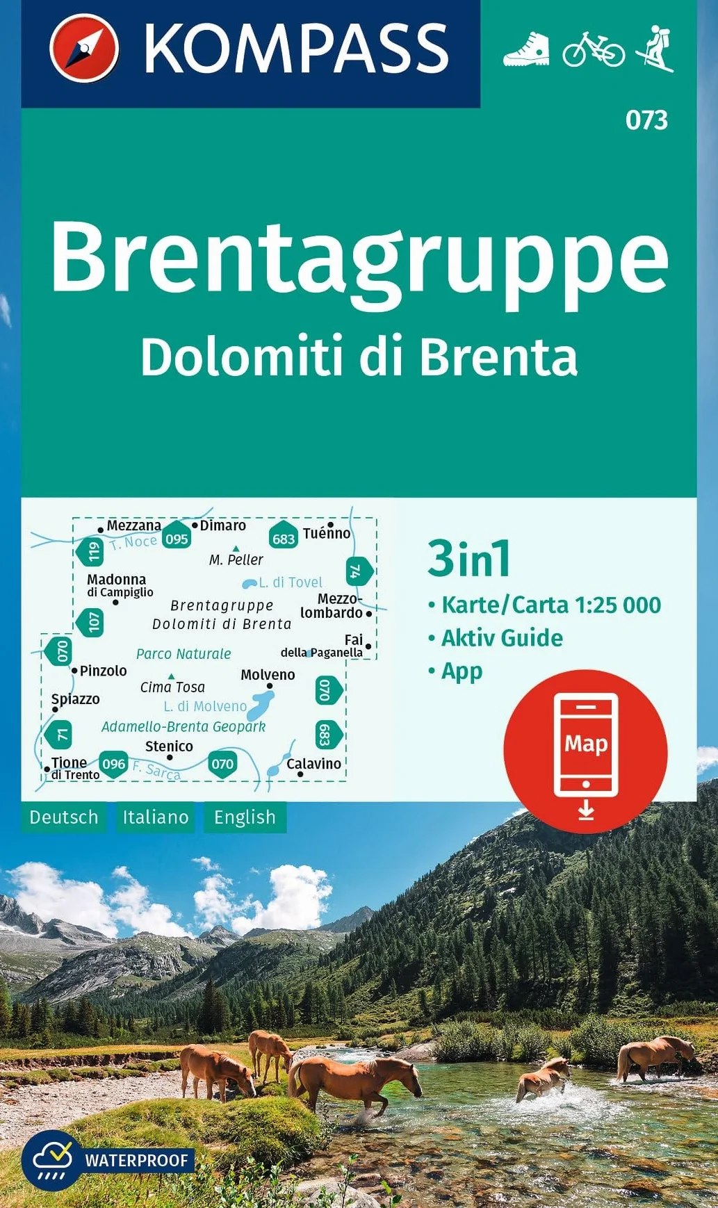 Cartina escursionistica n. 073 Dolomiti di Brenta: 3in1 Wanderkarte mit Aktiv Guide inklusive Karte zur offline Verwendung in der KOMPASS-App. Fahrradfahren. Skitouren.