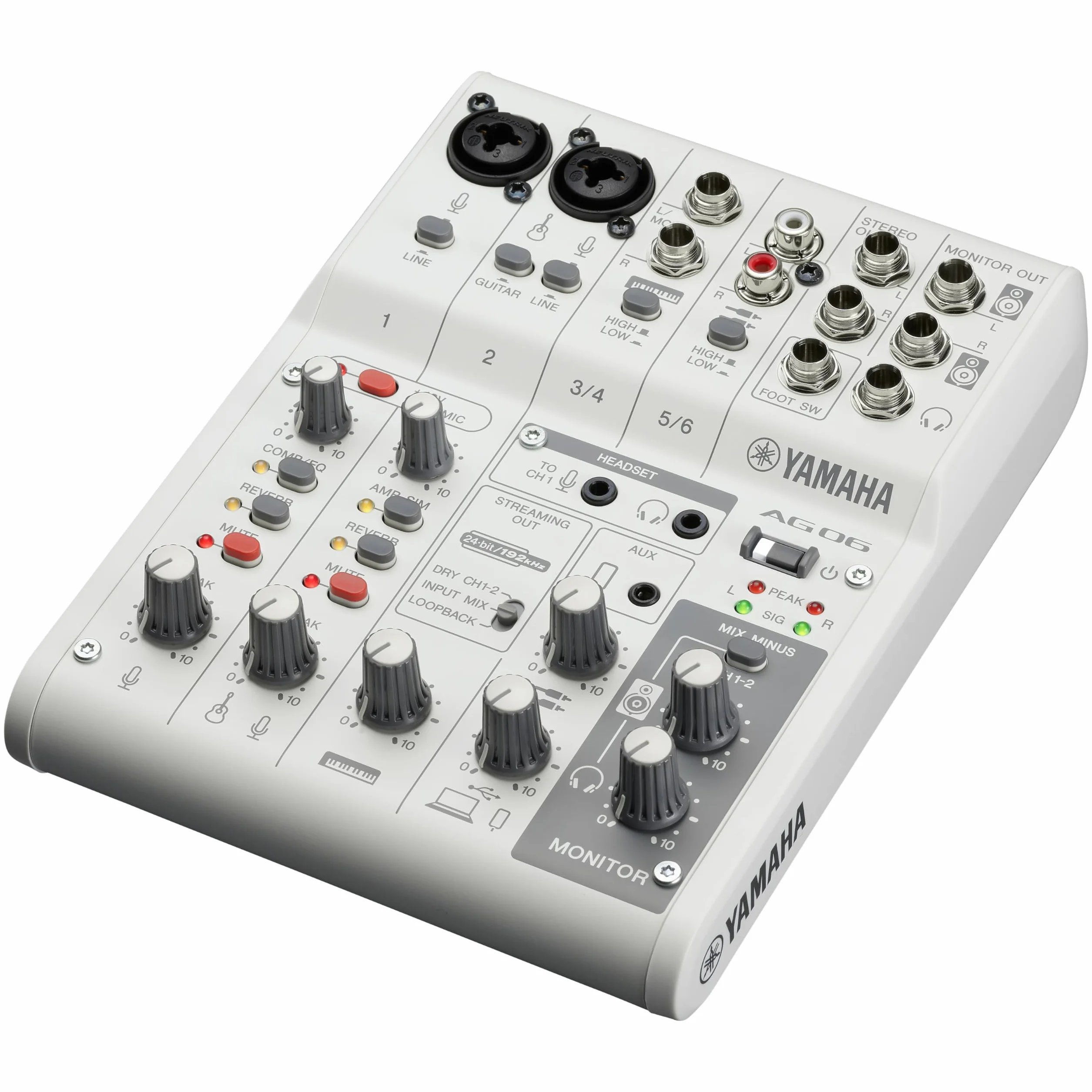 Yamaha AG06MK2 6-kanałowy mikser do streamingu na żywo z interfejsem audio USB – do Windows, Mac, iOS i Android – w kolorze białym