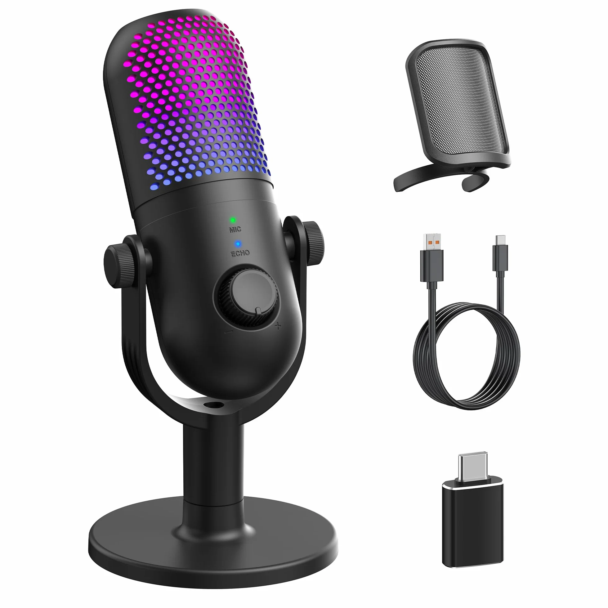 Mikrofon USB do gier komputerowych: mikrofon pojemnościowy RGB z mikrofonem stojącym - mikrofon do nagrywania do komputera i laptopa z szybkim wyciszeniem - mikrofon biurkowy do podcastów, śpiewania i