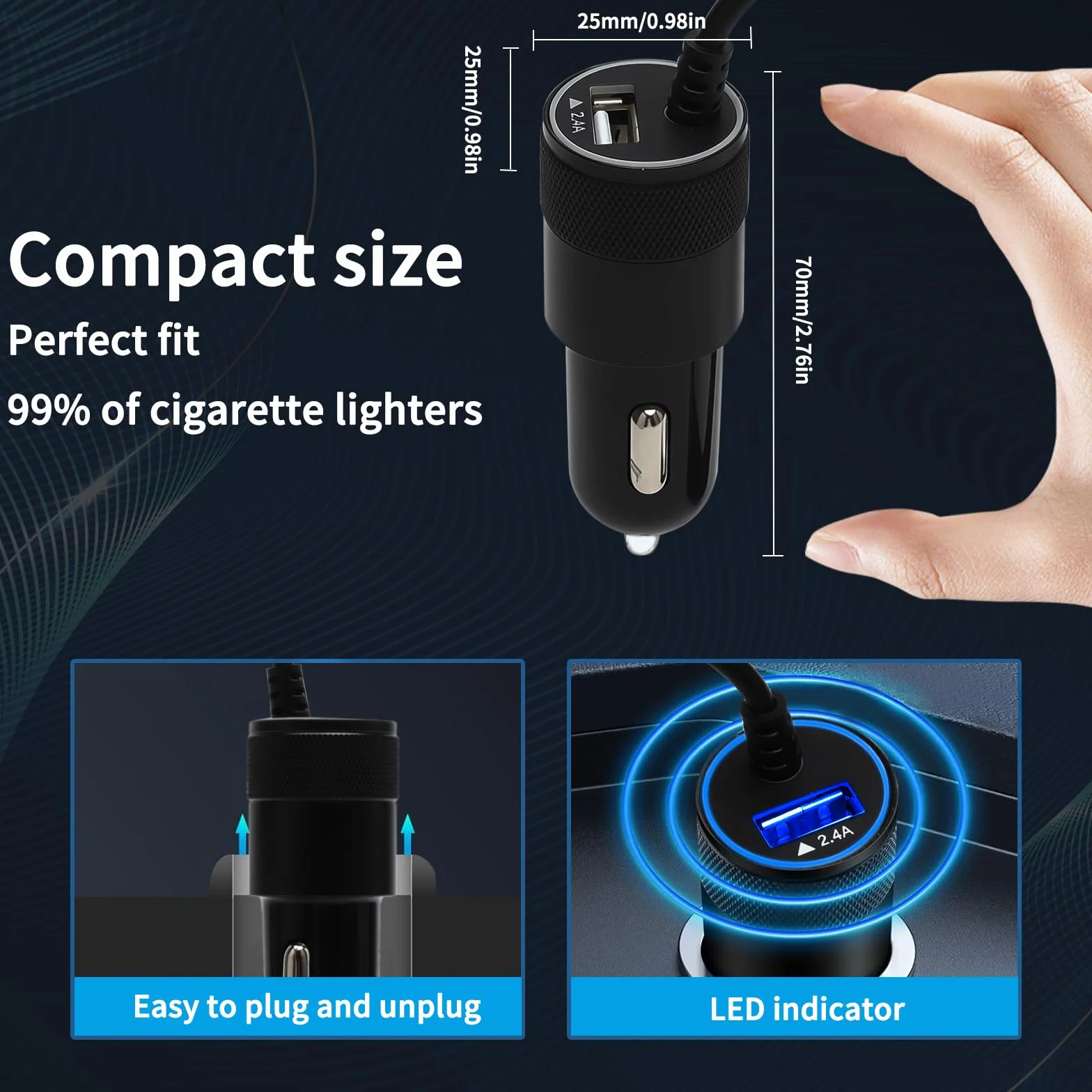 Zapalniczka USB C 2 porty ładowarka samochodowa USB C z kablem sprężynowym typu C o długości 1,2 m, ładowarka samochodowa do telefonu komórkowego Samsung S25/S24/S23/S21/A55/A16/Z Fold6/Z Flip 3