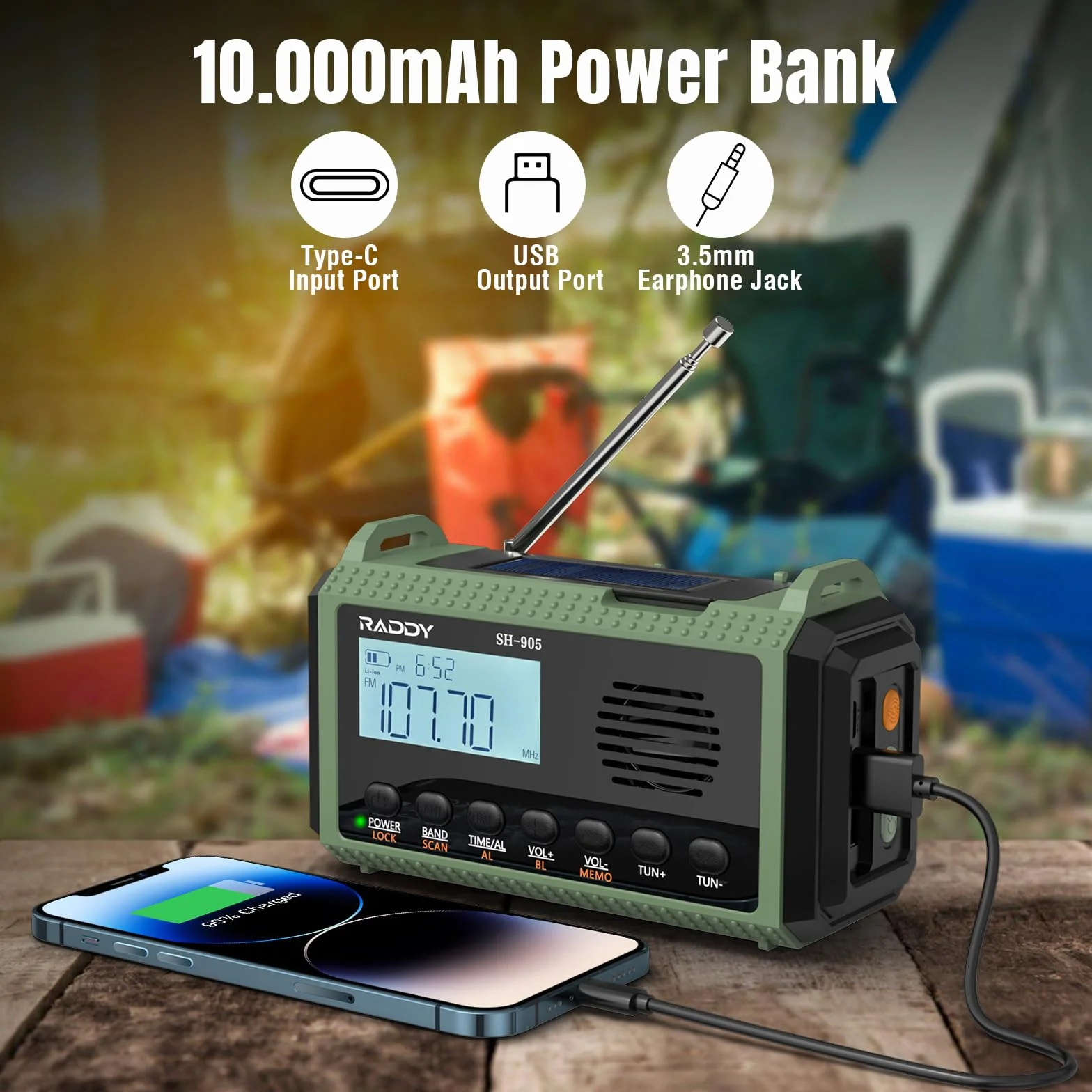Raddy SH-905 Radio korbowe, pojemność 10000 mAh, SW/AM/FM, solarne radio awaryjne, przenośne, krótkofalowe, z latarką, lampką do czytania, SOS w przypadku awarii zasilania, do survivalu, na kemping