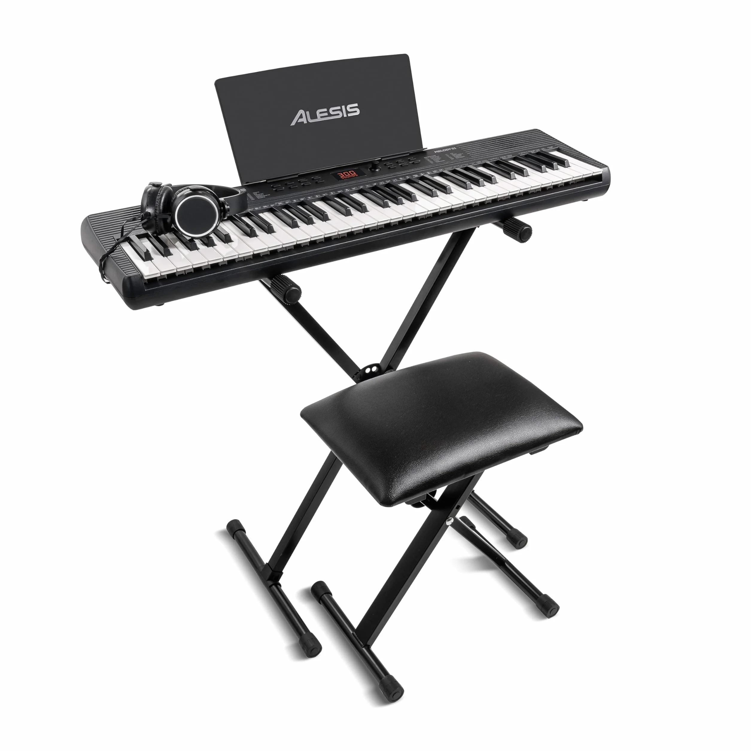 Alesis Melody 61 Pianino dla Początkujących z 61 Klawiszy, Głośniki, Stojak, Ława, Słuchawki, Podpórka pod nuty/tablet, 300 Brzmień i Lekcje gry