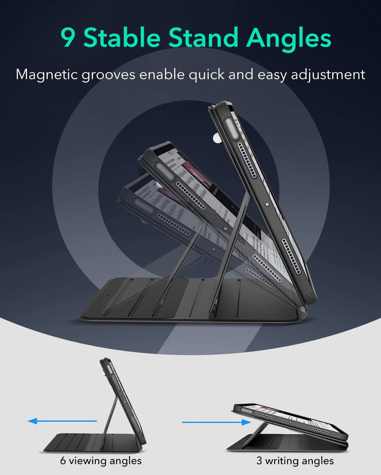 ESR iPad Air 27.9 cm 2024 M2, Air 6., Air 5. generacji 2022/Air 4. 2020, zdejmowana osłona magnetyczna, regulowany stojak pionowy/poziomy z podwyższonym widokiem na ekran, 9 kątów stojących, czarny
