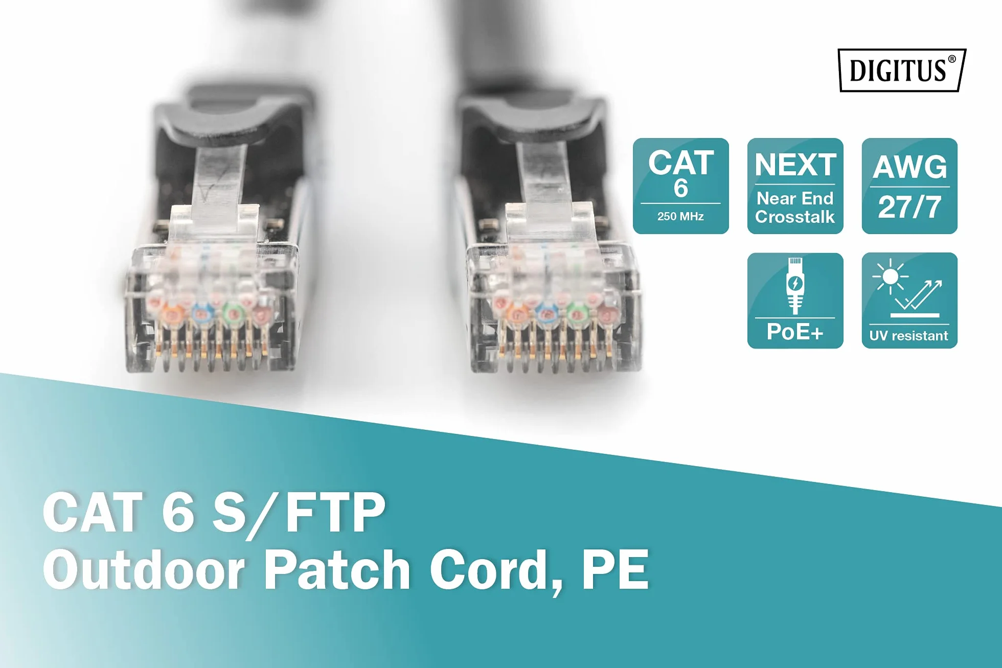 DIGITUS LAN Kabel Cat 6-2m - Zewnętrzny kabel sieciowy - Ekranowany S/FTP - PoE+ & RJ45 - Kompatybilny z Cat 6A - Szary