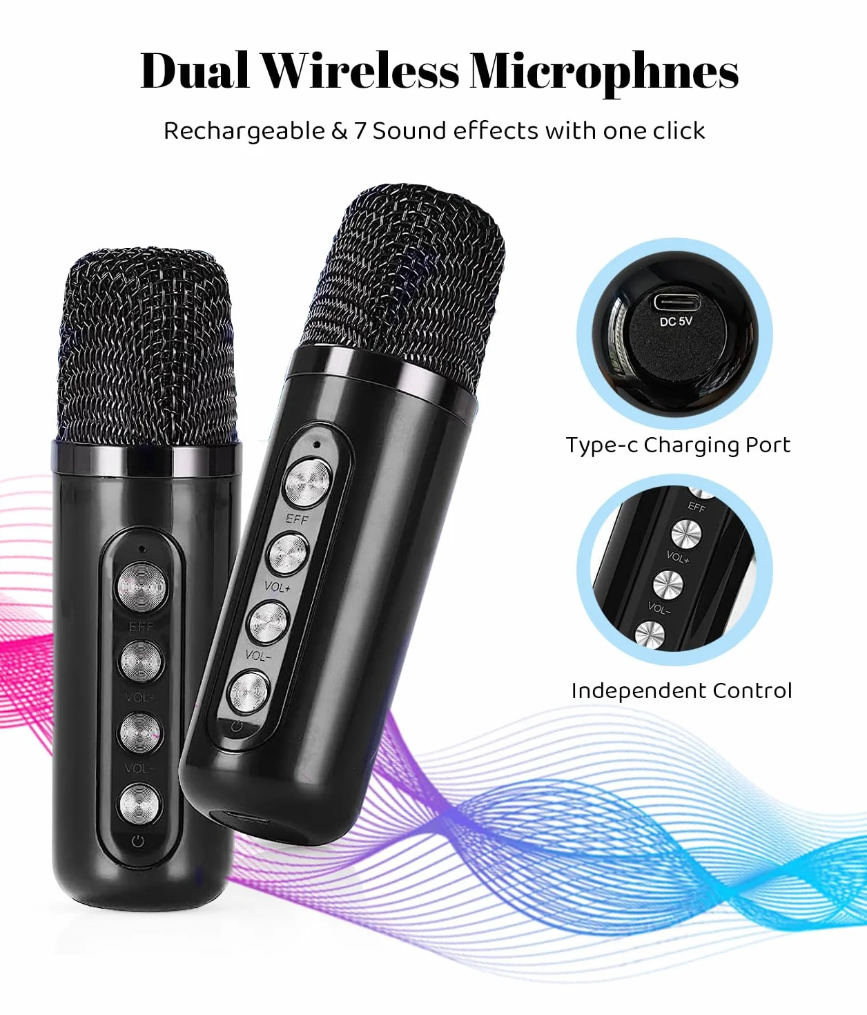 Maszyna do karaoke dla dorosłych i dzieci z 2 bezprzewodowymi mikrofonami UHF, przenośny głośnik Bluetooth, system głośników PA z lampkami imprezowymi LED, na imprezę, piknik, do samochodu, na