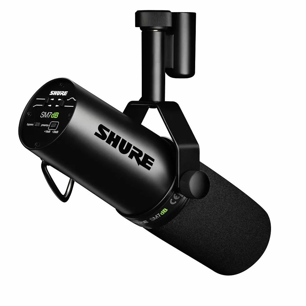 Shure SM7dB Dynamiczny mikrofon wokalowy do transmisji, podcastów i nagrywania, szeroki zakres częstotliwości, ciepły i gładki dźwięk, solidna konstrukcja, zdejmowana osłona przeciwwietrzna - czarny