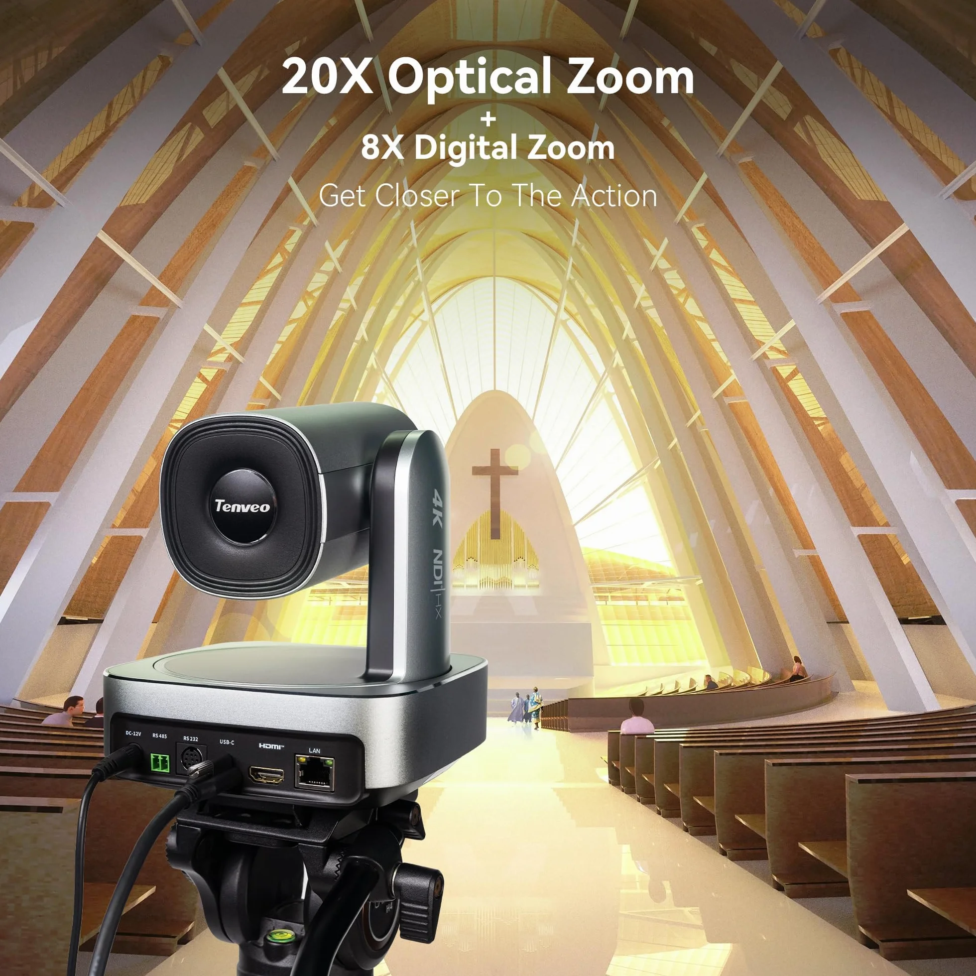 Tenveo Kamera PTZ 4K NDI, AI Humanoid & Face Auto-Tracking, 20X Optical + 8X zoom cyfrowy, USB3.0/HDMI/LAN PoE IP kamera strumieniowa na żywo do modlitw kościelnych, wydarzeń transmisji