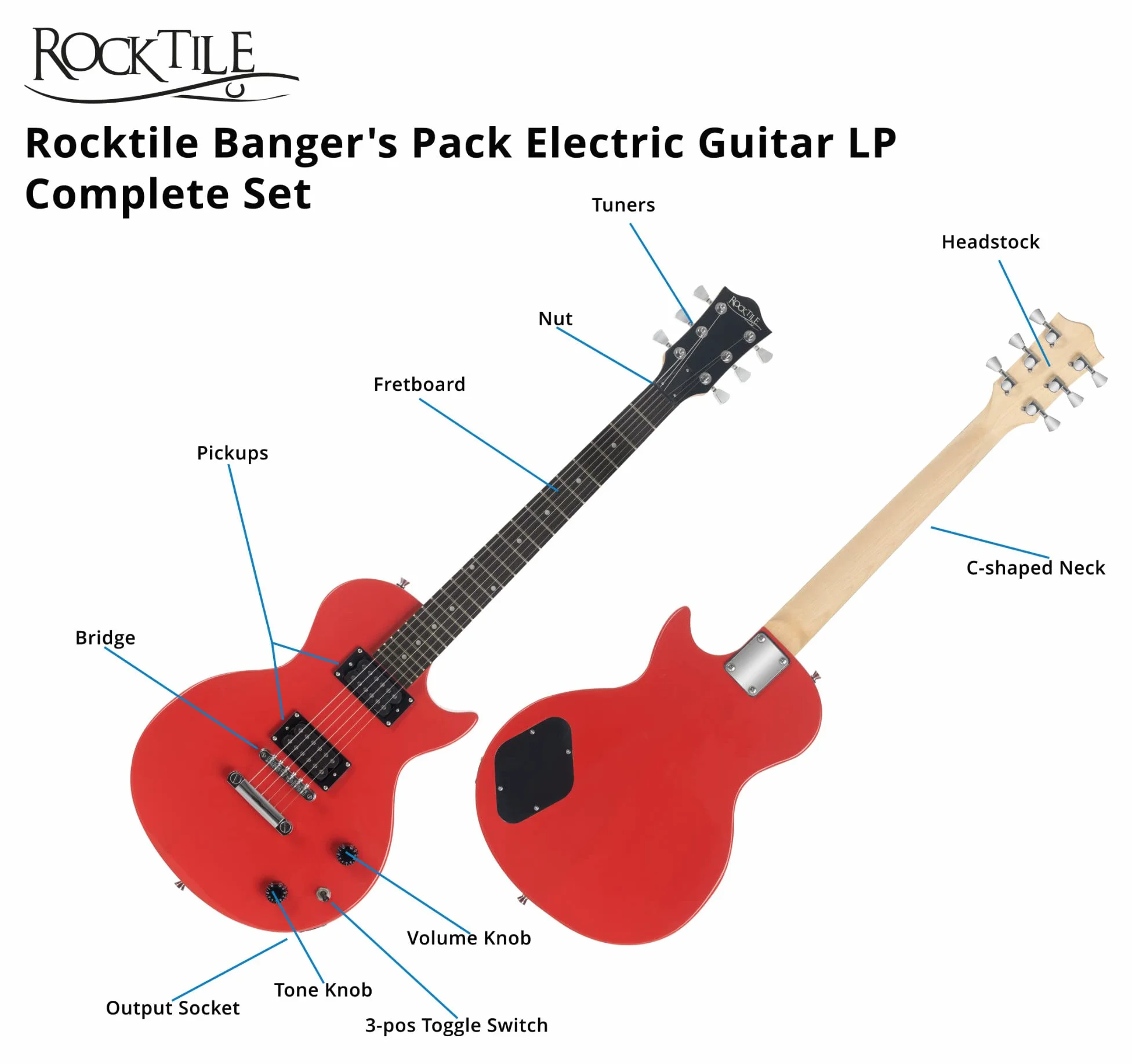 Rocktile Banger's Pack kompletny zestaw gitary elektrycznej Single Cut czerwony (wzmacniacz, torba, kabel, pasek, plecs, zapasowe struny i szkola z CD/DVD)