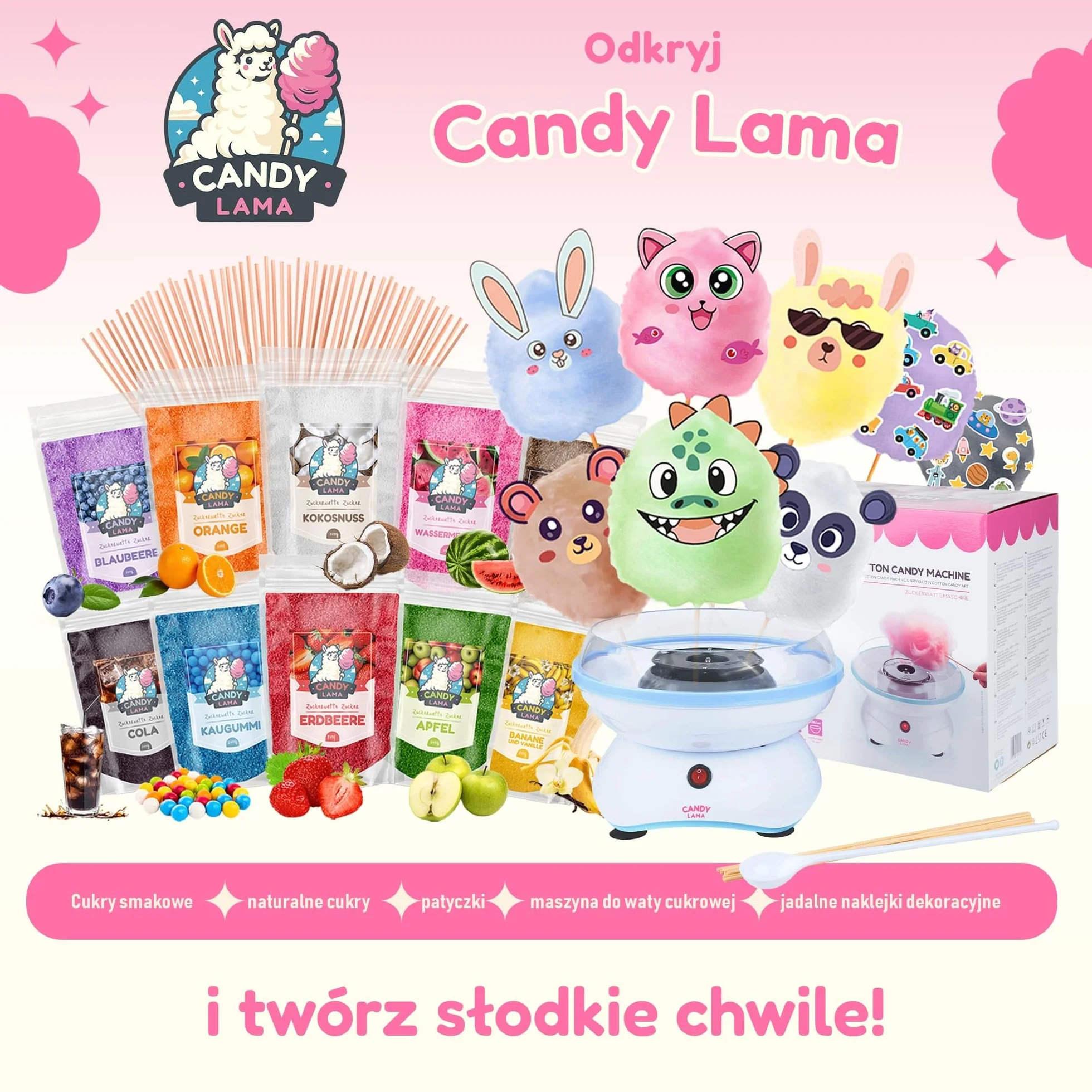 CANDY LAMA Zestaw cukrów do waty cukrowej, zestaw imprezowy 5 x 160g: Truskawka, Malina, Jabłko, Banan i Arbuz, w zestawie 20 patyczków do waty cukrowej, do maszynki
