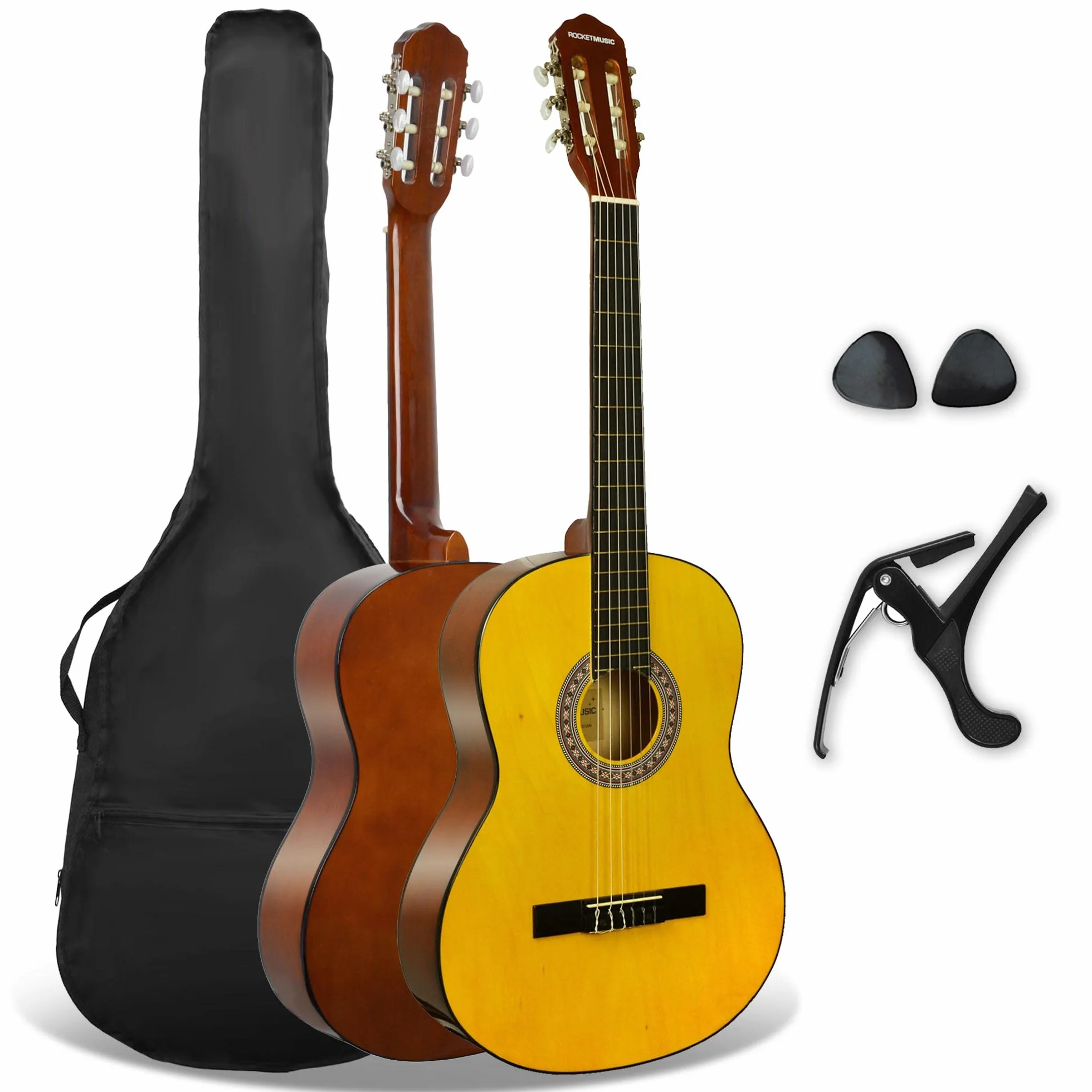 3rd Avenue Pełnowymiarowa gitara klasyczna FX zestaw startowy dla początkujących, gitara akustyczna z nylonowymi strunami, futerałem, kapodastrem i kostkami, naturalny