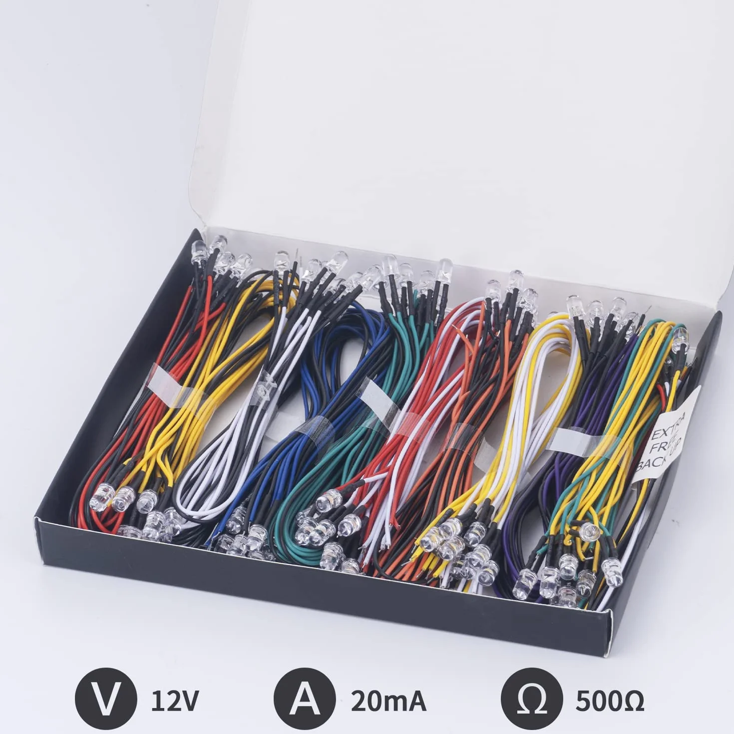 DiCUNO 100 szt. (10 kolorów x 10 szt.) 5 mm 12 V wstępnie przewodowe LED światło emitujące diodę okrągła lampa LED różne diody kolorowe zestaw rezystorów