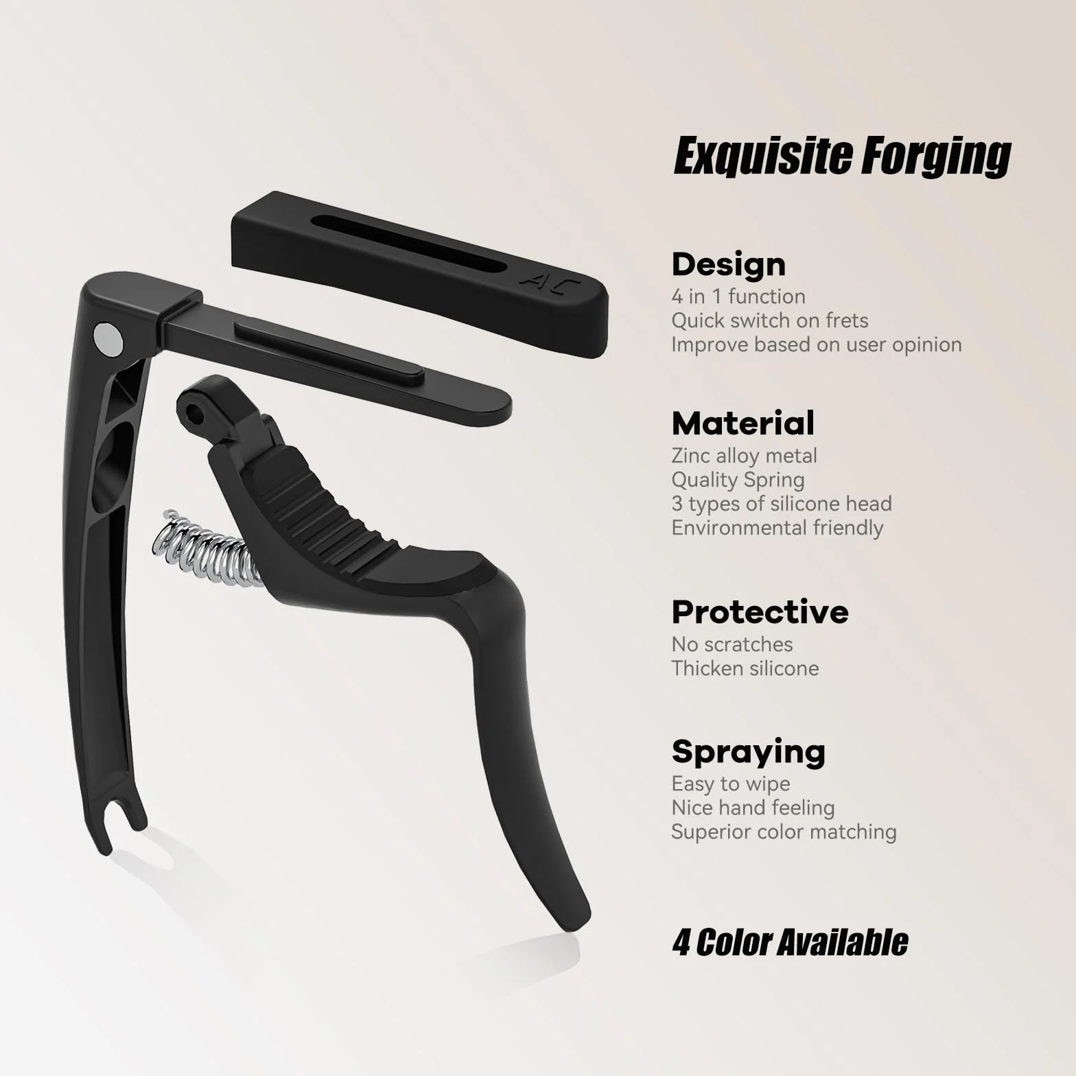 C3 Guitar Capo, 4 w 1 Gitara Kapodaster z Ściągacz do Mostka, Capo do Gitary Akustycznej Elektrycznej Klasyczna Basowej Ukulele Banjo, 3 Głowice Silikonowe, Akcesoria Gitarowe, Czarny