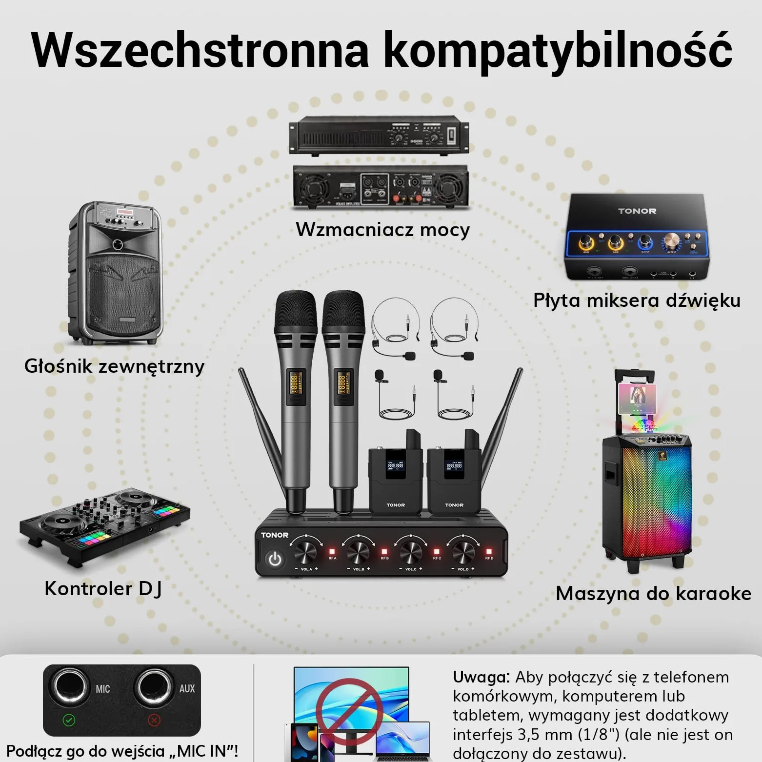 Bezprzewodowy zestaw mikrofonowy TONOR UHF z mikrofonem ręcznym/nadajnikiem typu bodypack/bezprzewodowym mikrofonem typu lavalier, 4 x 5 częstotliwości, zasięg 60 m Karaoke TW362