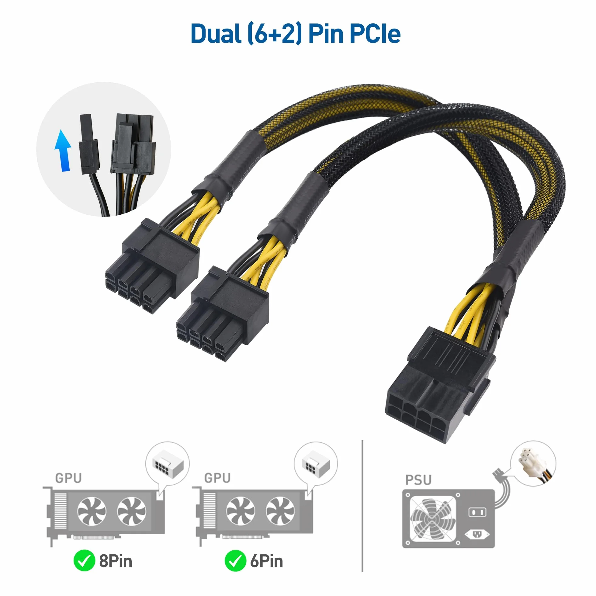 Cable Matters 2-pak PCIe 8-pinowy na podwójny 8-pinowy (6+2) adapter PCIe do procesorów graficznych – 9 cali (8-pinowy kabel PCIe GPU, podwójny 8-pinowy kabel PCIe)