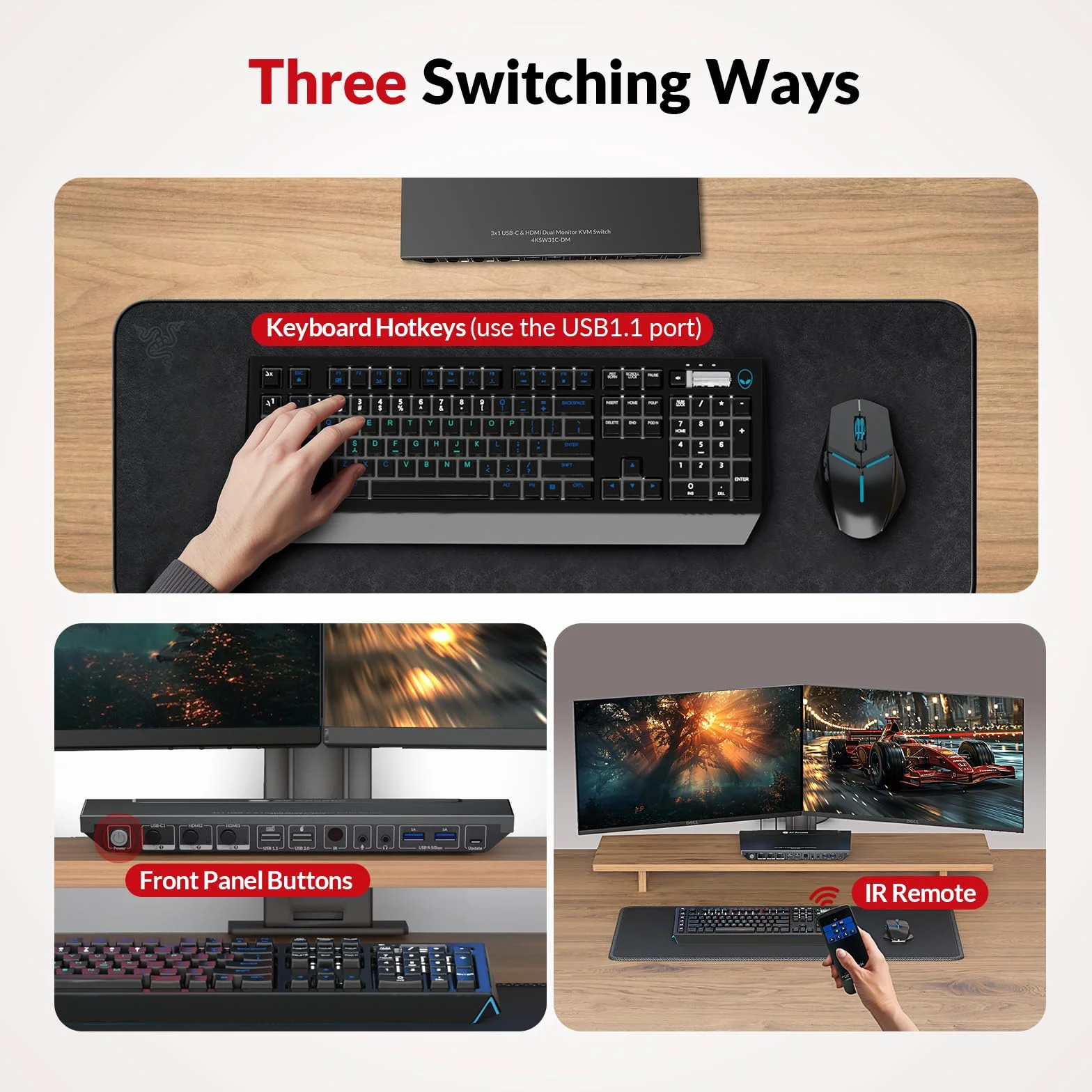 AV Access 4K KVM Switch Dock 3 PC 2 monitory, podwójny monitor 4K HDMI, ładowanie Type-C 65 W, do laptopa, Ethernet, EDID, Hotkey, USBC, USB 3.0