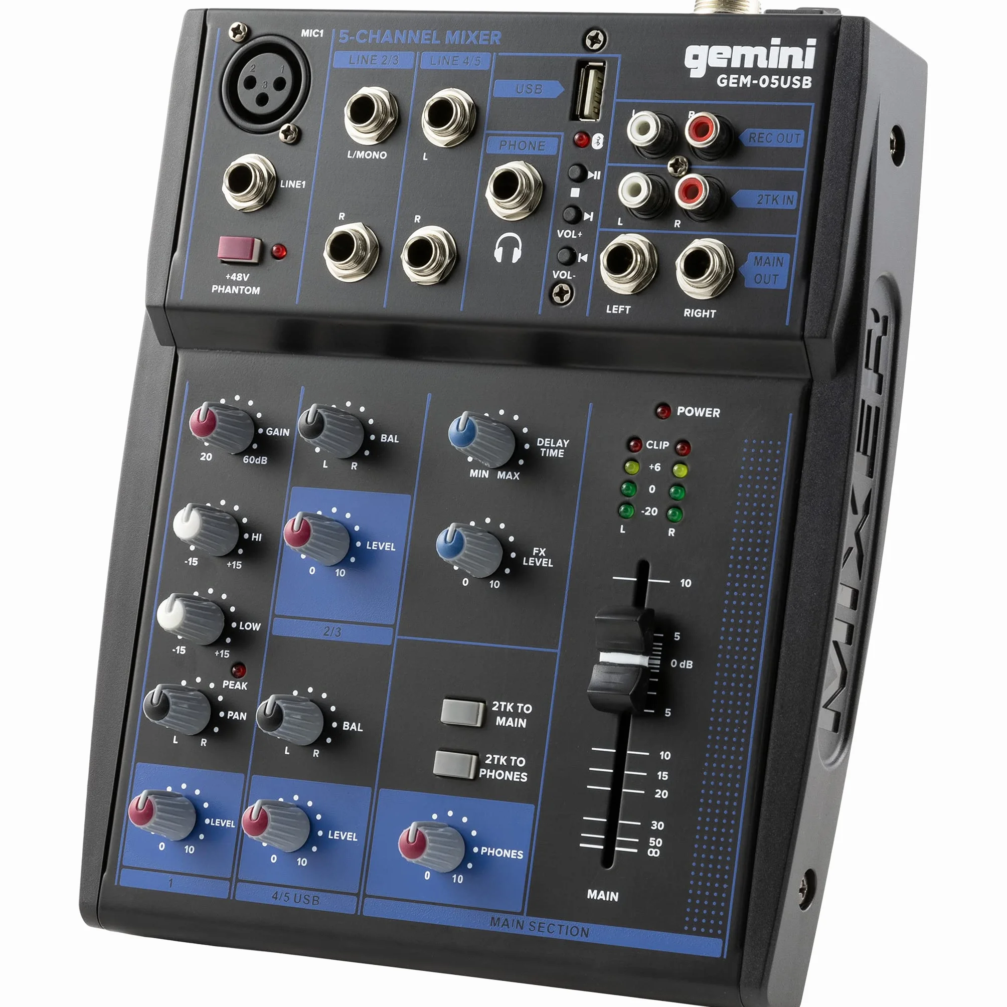 Gemini Sound Gem-05USB – kompaktowy 5-kanałowy mikser analogowy zawierający kanał mikrofonowy o niskim poziomie szumów, 2-pasmowy korektor, odtwarzanie USB z urządzeń USB i strumieniowanie Bluetooth