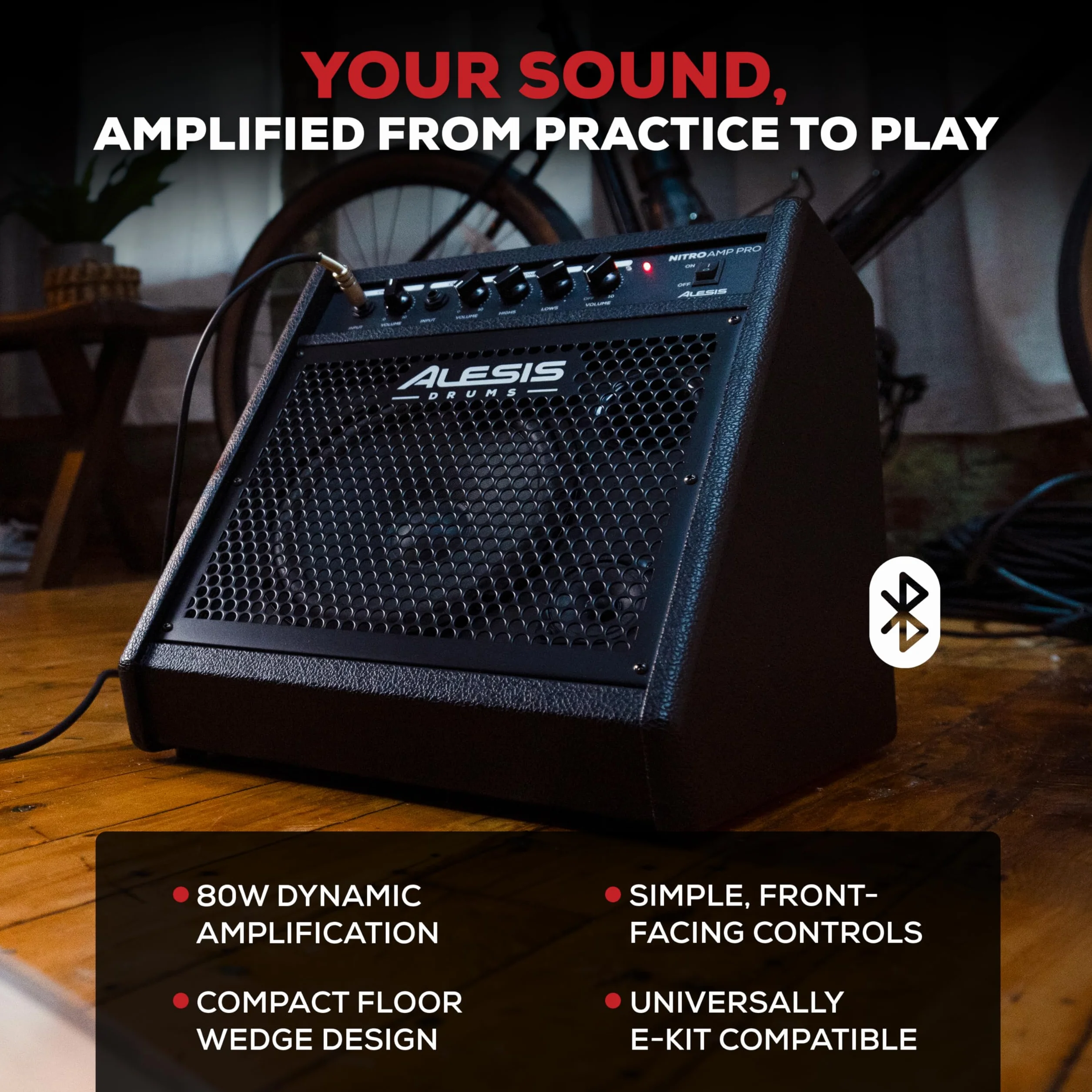 Alesis Nitro Amp Pro 80 W - Kompaktowy Głośnik Podłogowy do Perkusji Elektronicznej, z Bluetooth, Głośnikiem Niskotonowym 8″, EQ, Dodatkowym Wejściem Liniowym, Uniwersalna Kompatybilność zestawu E-Kit