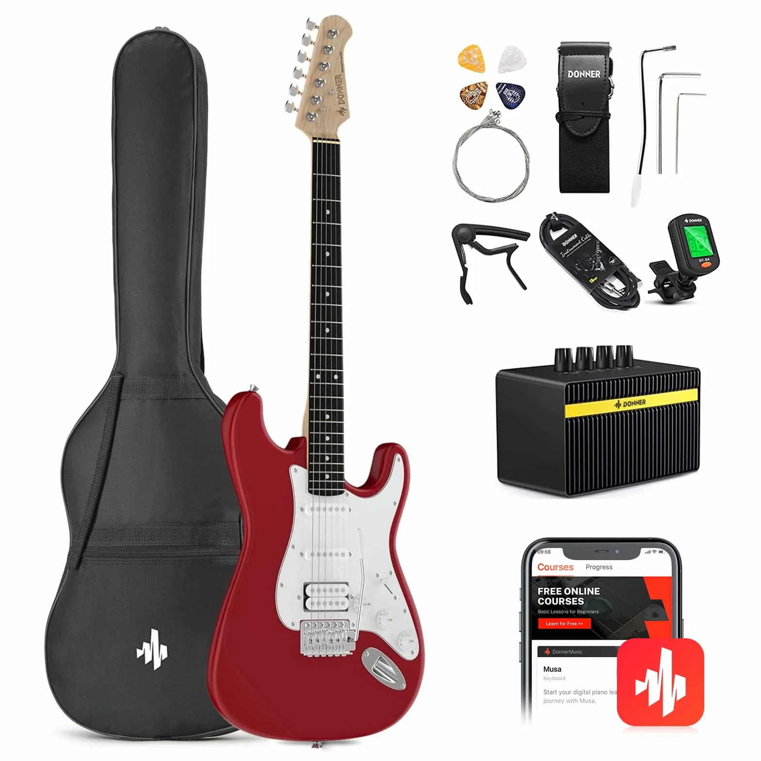 Donner Gitara elektryczna zestaw 39 cali ze wzmacniaczem, torbą, kapo, paskiem, strunami, tunerem, kablem i kostkami (czerwony)