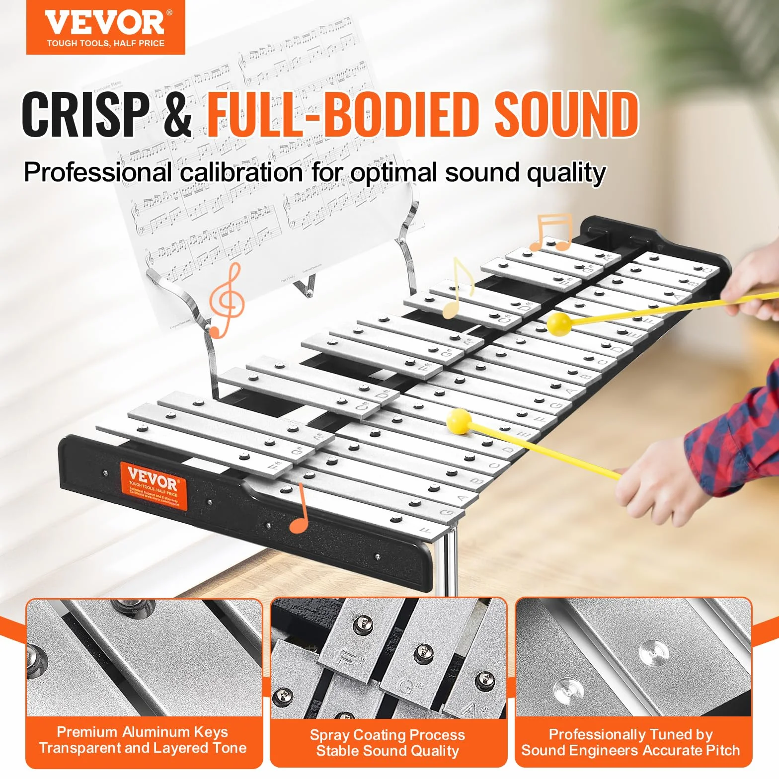 VEVOR Zestaw do ksylofonu Glockenspiel z 32 notatkami, profesjonalny instrument perkusyjny z młotkami, pałeczkami, regulowanym wspornikiem, torbą do przenoszenia, zestaw instrumentów edukacyjnych dla