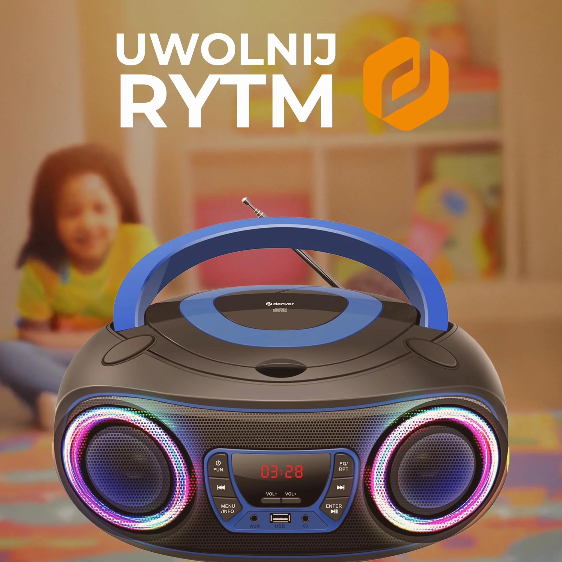 Denver TCL212BT radio z Bluetooth, radio Bluetooth z efektami świetlnymi, przenośny odtwarzacz CD, AUX, USB, niebieskie