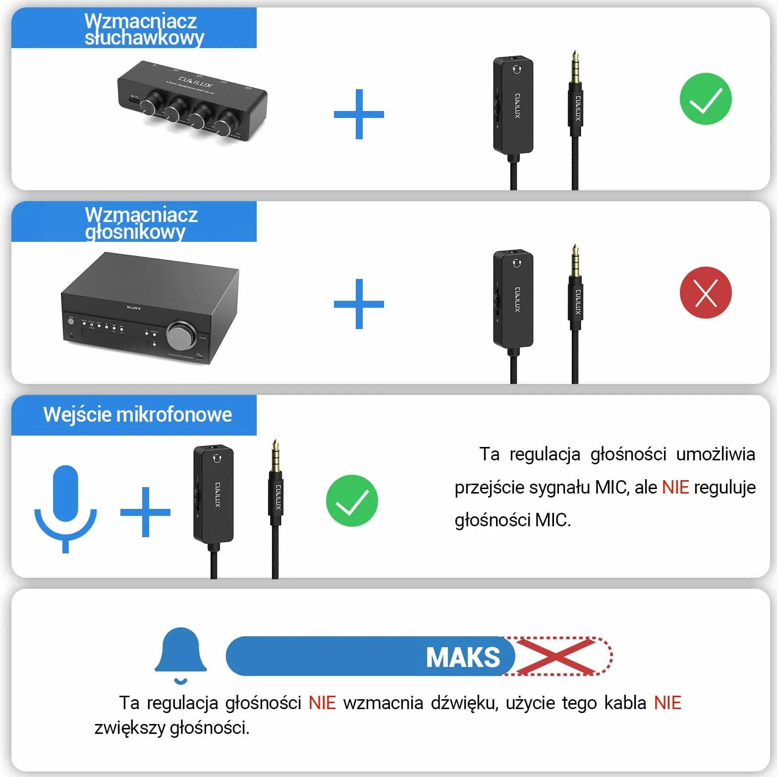 Cubilux Kabel tłumiący 3,5 mm TRRS, przedłużacz słuchawkowy 1/8 cala z regulacją głośności, wbudowany kontroler głośności do słuchawek, głośników, 1,2 m