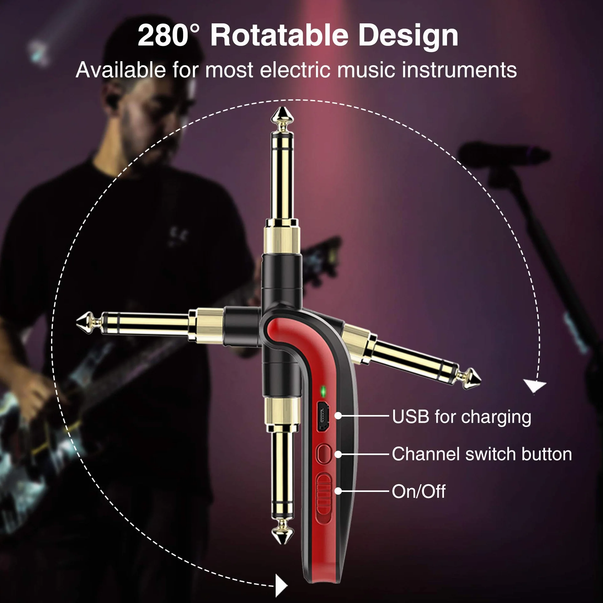 LEKATO Stereo 2,4 GHz bezprzewodowy transmiter gitarowy z wtykami 1/4" i 1/8" do instrumentów dźwiękowych, mono/stereo, wielokrotnego ładowania
