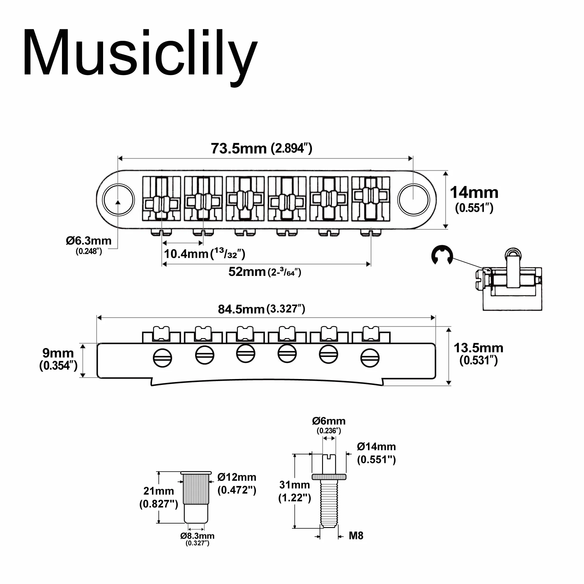 Musiclily Pro Rolkowe Siodełka Mostek Tune-O-Matic Roller Saddle Bridge do Gitary Elektrycznej Les Paul LP SG, Złoty