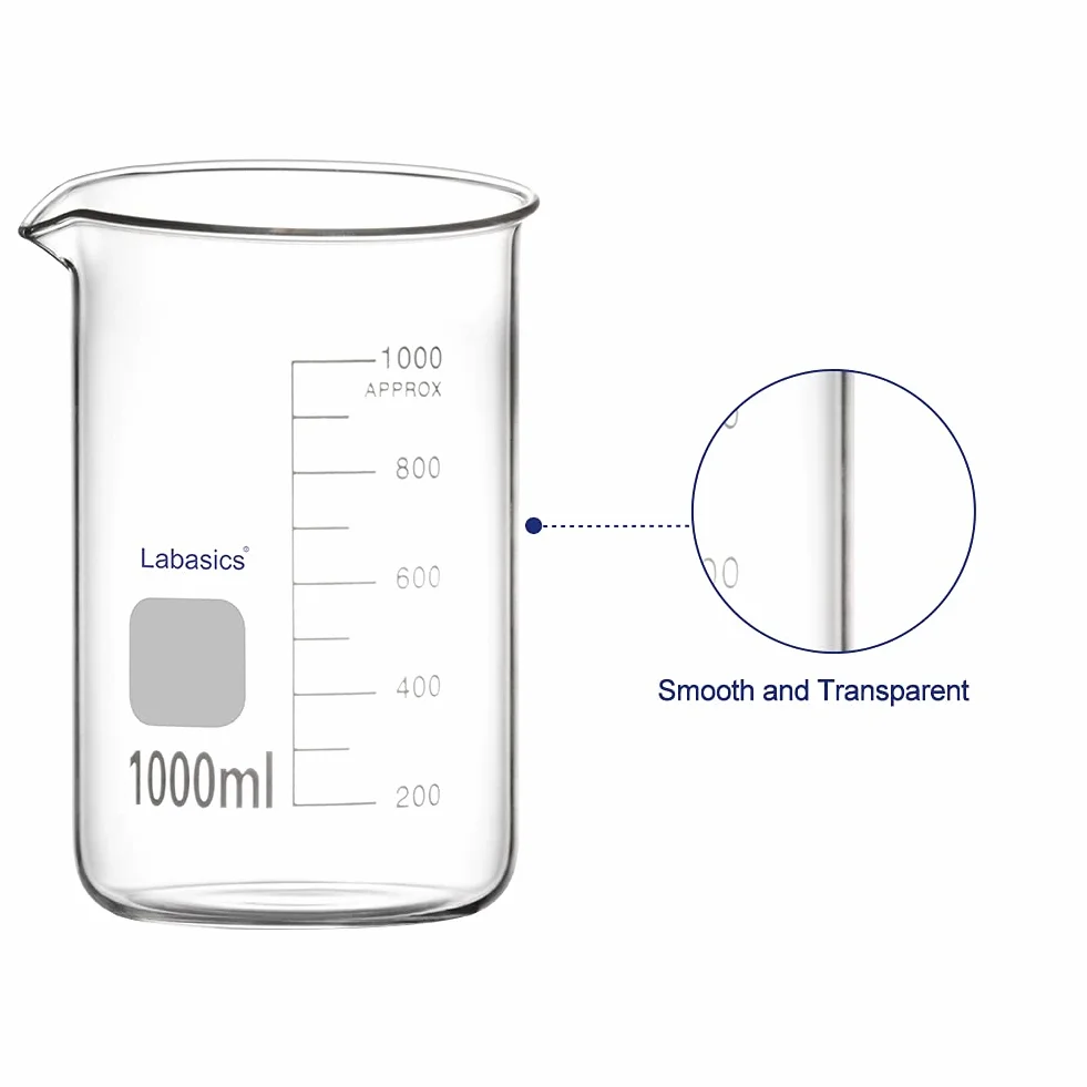 Labasics Zestaw szklanych zlewek ze szkła borokrzemowego miksowanego niskoformatowego do 5 rozmiarów, 50 ml/100 ml/250 ml/500 ml/1000 ml (1 l), zestaw combo