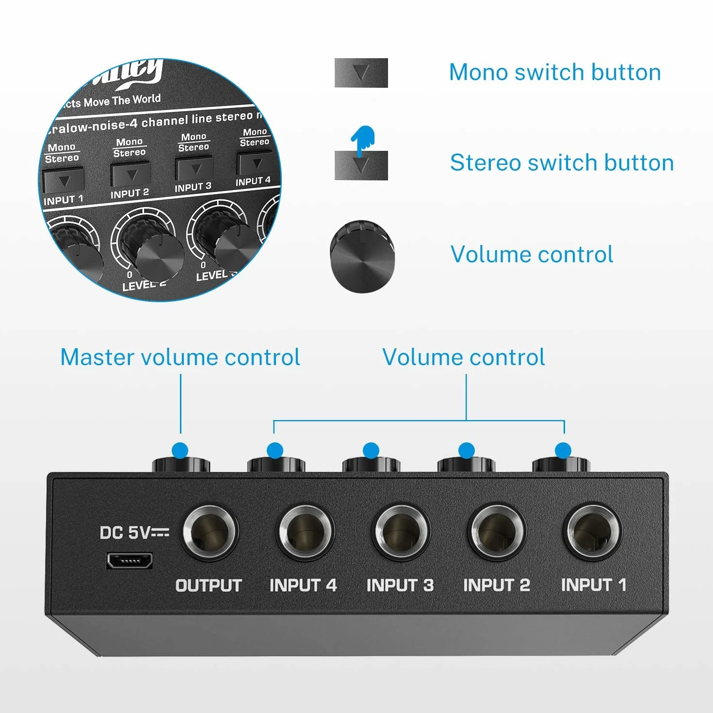 Moukey MAMX1 Kompaktowy mikser studyjny audio stereo 4 kanały