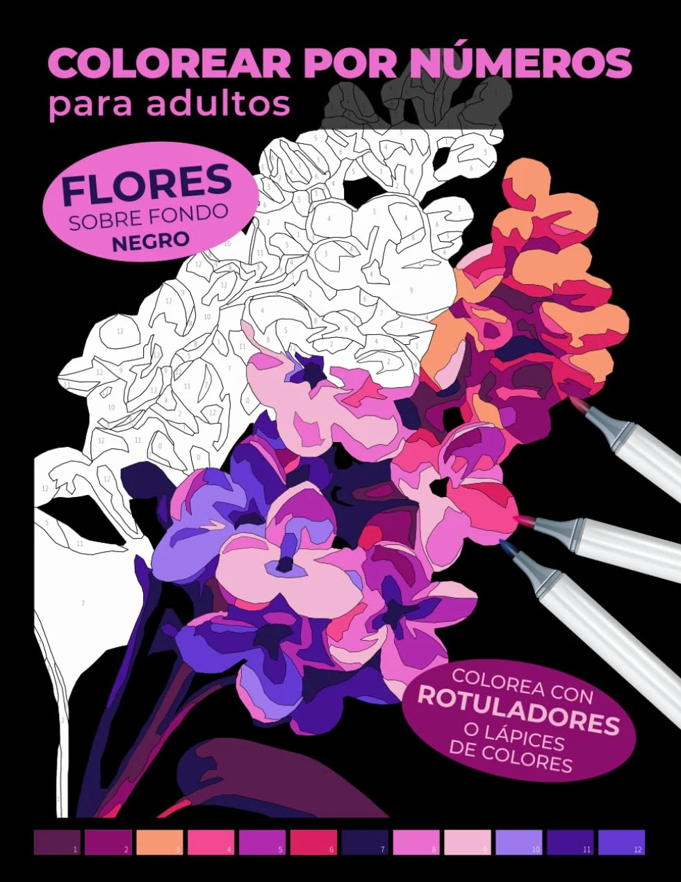 Colorear por números para adultos: Flores sobre fondo negro | Colorea con rotuladores o lápices de colores