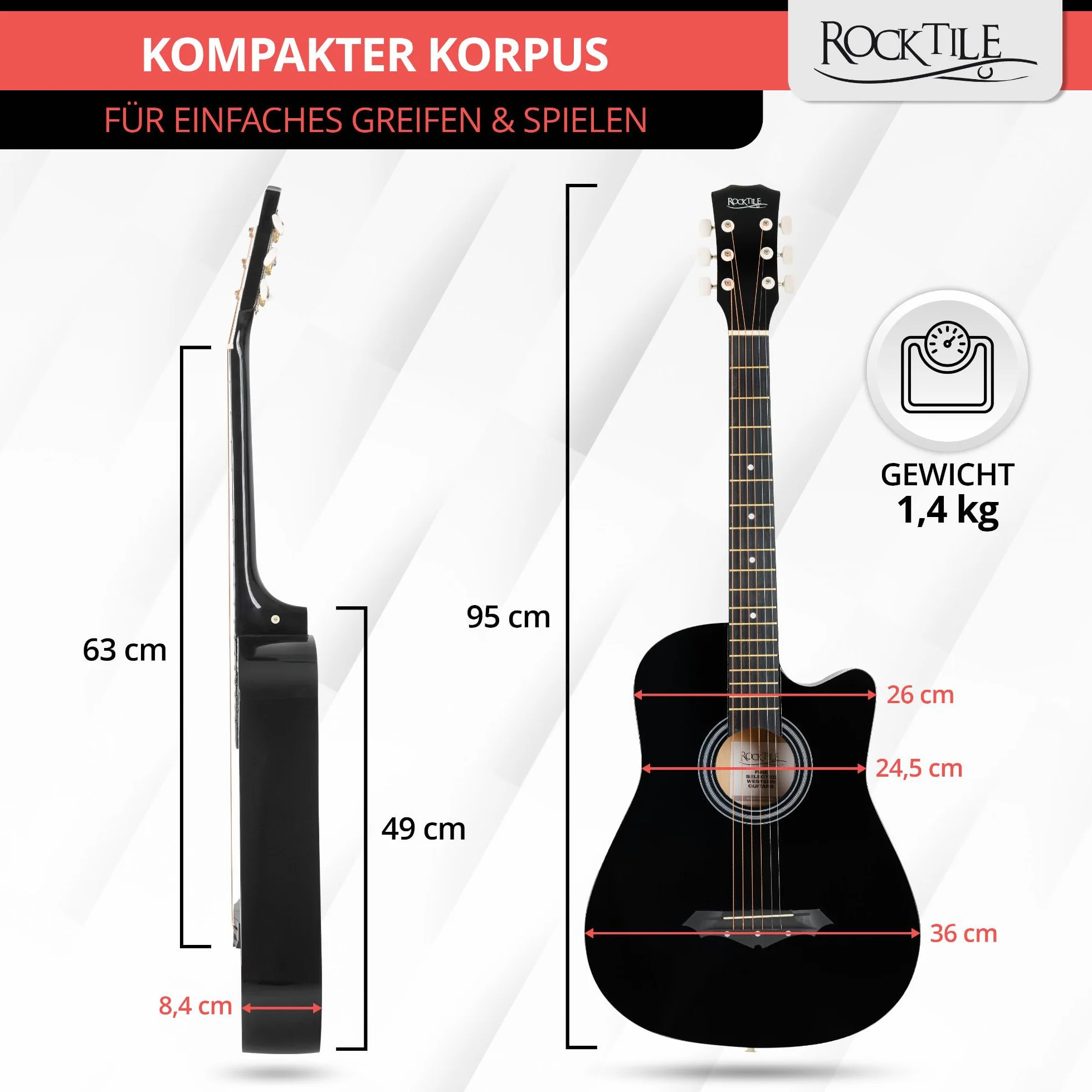 Rocktile WSD-5C-BK Slim Line zestaw gitar westernowych, gitara akustyczna Dreadnought - gitara westernowa z korpusem z lipy - szyja: Catalpa - zestaw z torbą, strunami zapasowymi, paskiem i kostkami