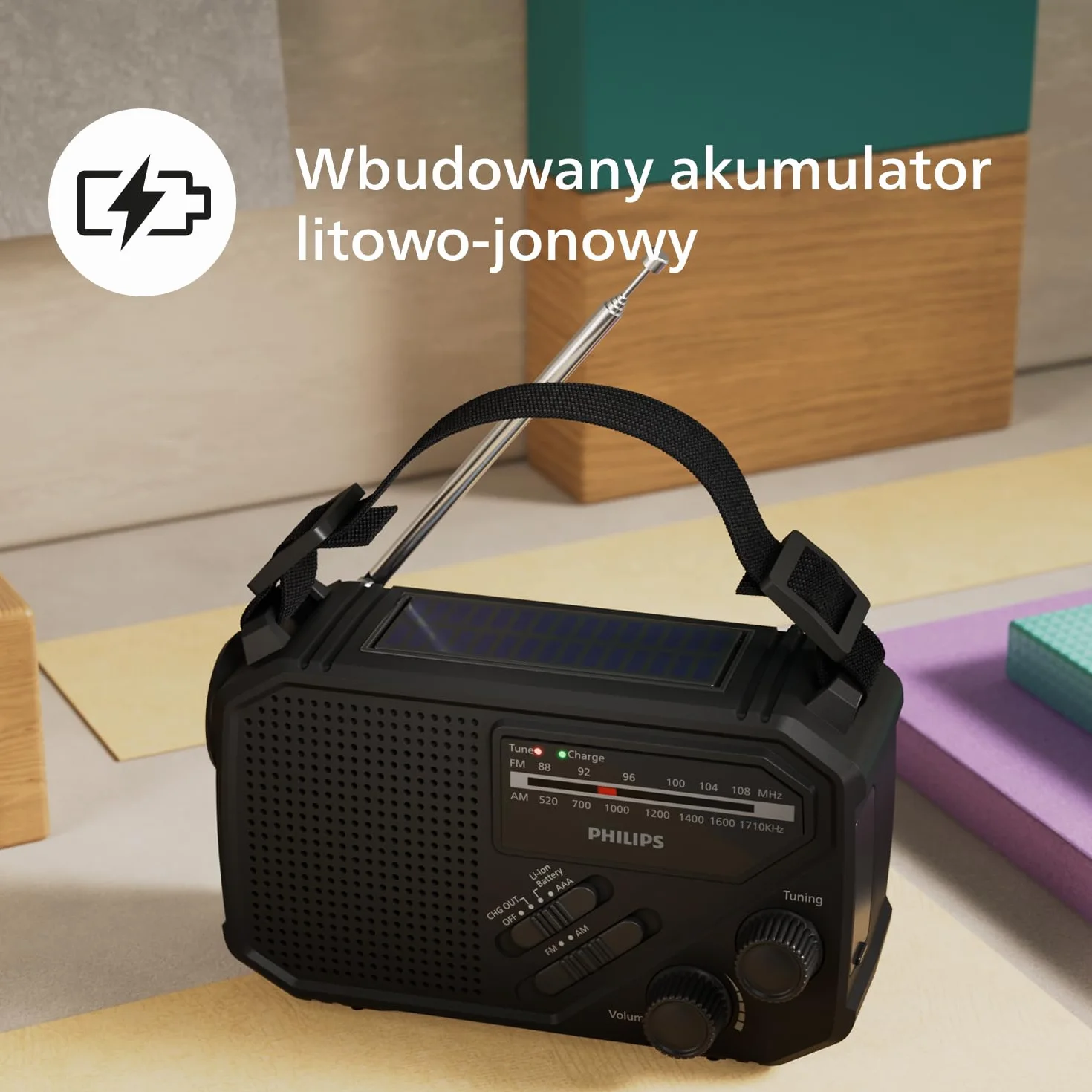 Philips TAR1609 – przenośne radio FM/AM z akumulatorem, komorą na baterie AAA i korbą, zasilaniem z paneli słonecznych, lampką LED i latarką, przydatne na biwaku, w czasie wędrówek i awarii energii