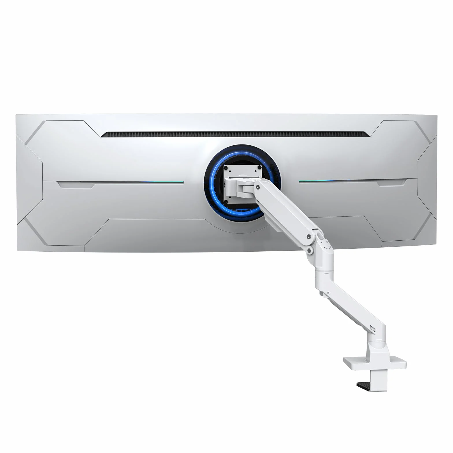 BEWISER Wytrzymałe ramię monitora, ultrawide mocowanie monitora do ekranów 86–124.5 cm i nowych 145 cm, nośność do 20 kg, obrotowe ramię monitora o pełnej wysokości ruchu (białe)