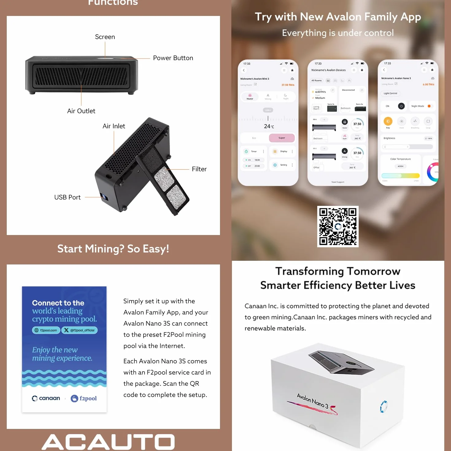 Canaan Avalon Nano 3S BTC Miner - 6 TH/s 140W Bitcoin ASIC Miner - Tłumik z oryginalnym zasilaczem Canaan - Stojak Solo Mining & Stake Pool do biura i domu (czarny)