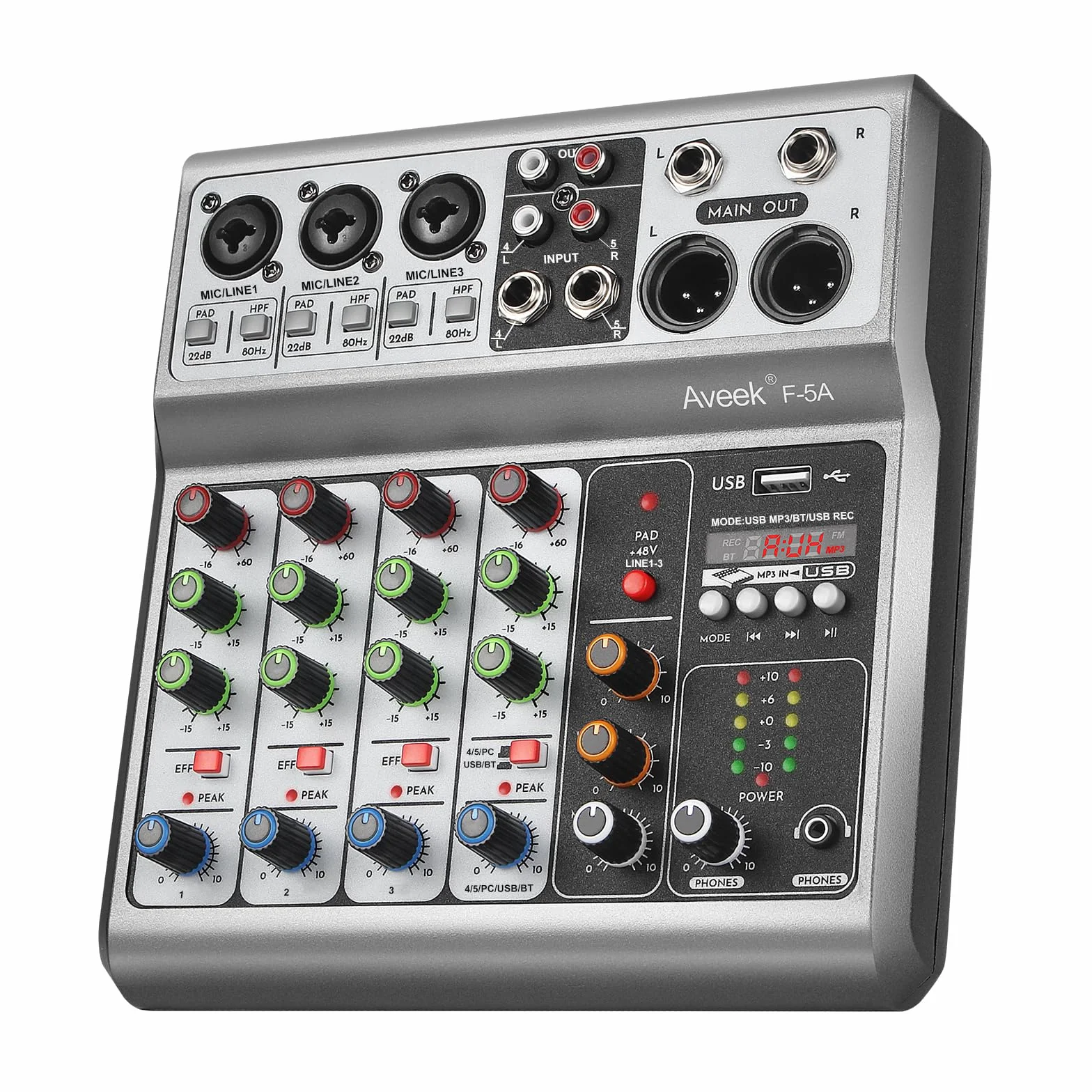 Aveek 5-kanałowy mikser audio USB Bluetooth z phantom 48V i efektem opóźnienia pogłosu