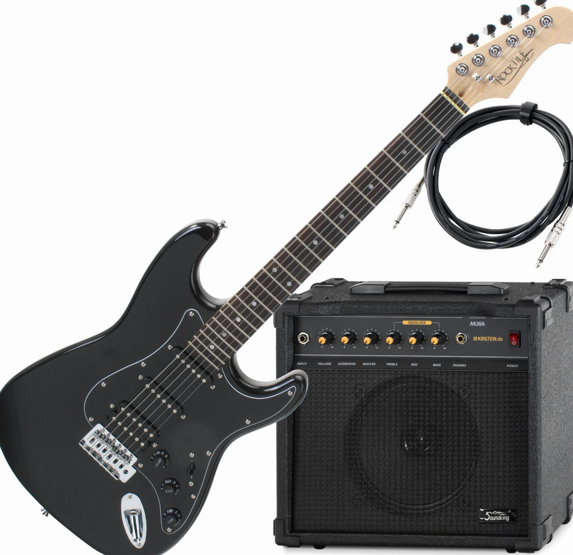 Rocktile Pro ST60-BK gitara elektryczna All Black AK20A zestaw – korpus mahoniowy, humbucker i przetwornik Single-Coil, w zestawie wzmacniacz kombi i kabel – idealny zestaw do gitary elektrycznej dla