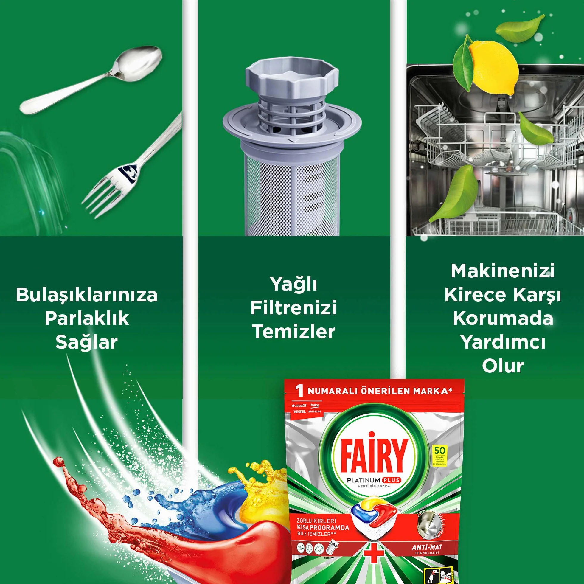 Fairy Platinum Plus, Kapsułki do zmywarki, All-in-One, Cytrynowe, 50 sztuk (2 x 25), Z funkcją nabłyszczania i ochroną szkła