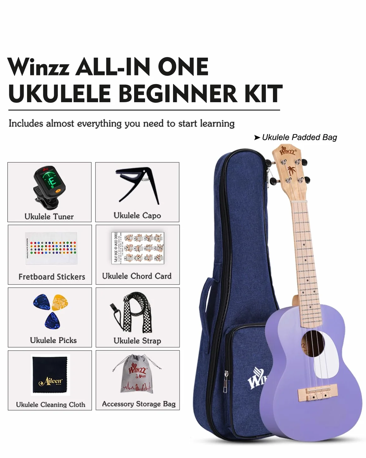 Ukulele soprano Winzz dla dzieci 51 cm 4 struny fioletowe drewno