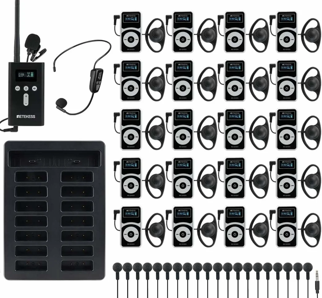 Retekess T130P (T130 3rd) Bezprzewodowy System Przewodnika, Stopniowana Redukcja Szumów, 160 m, Długi czas Czuwania 40 Godzin, dla Tłumaczenia, Turystycznego, Fabryka (1 Nadajnik, 20 Odbiorników)