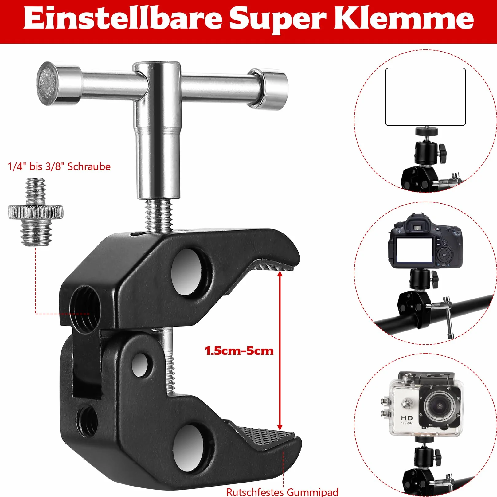 Zestaw do kamery Super Clamps, statyw z bardzo zaciskiem, stabilna głowica kulowa do statywu z adapterem gwintowanym 1/4" 3/8", Magic Arm Clamps Kulowa głowica statywu do aparatów, lamp błyskowych