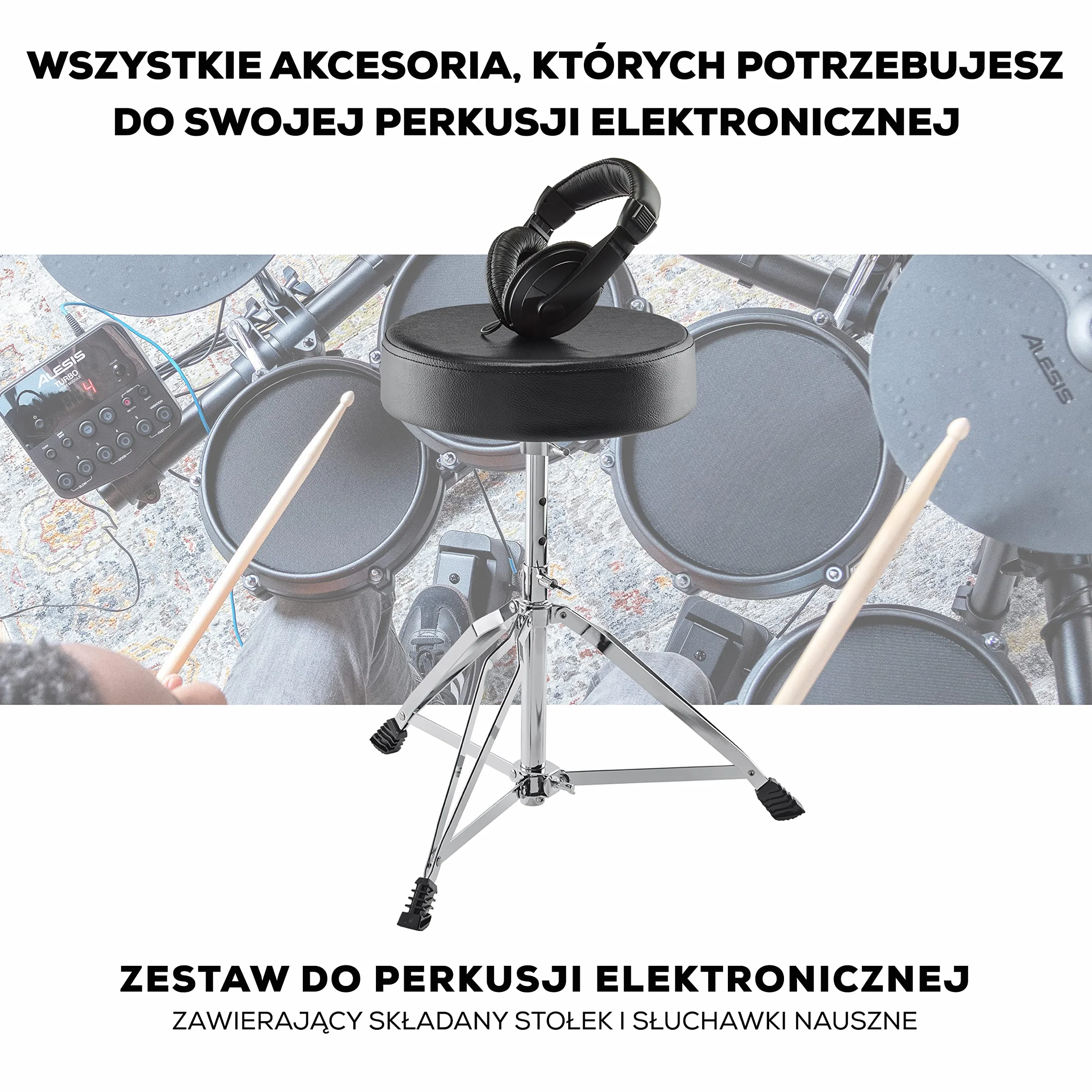 Alesis Drum Essentials Bundle - Kompletny Zestaw Akcesoriów do Perkusji Elektrycznej Obejmujący Stołek Perkusyjny i Słuchawki Nauszne